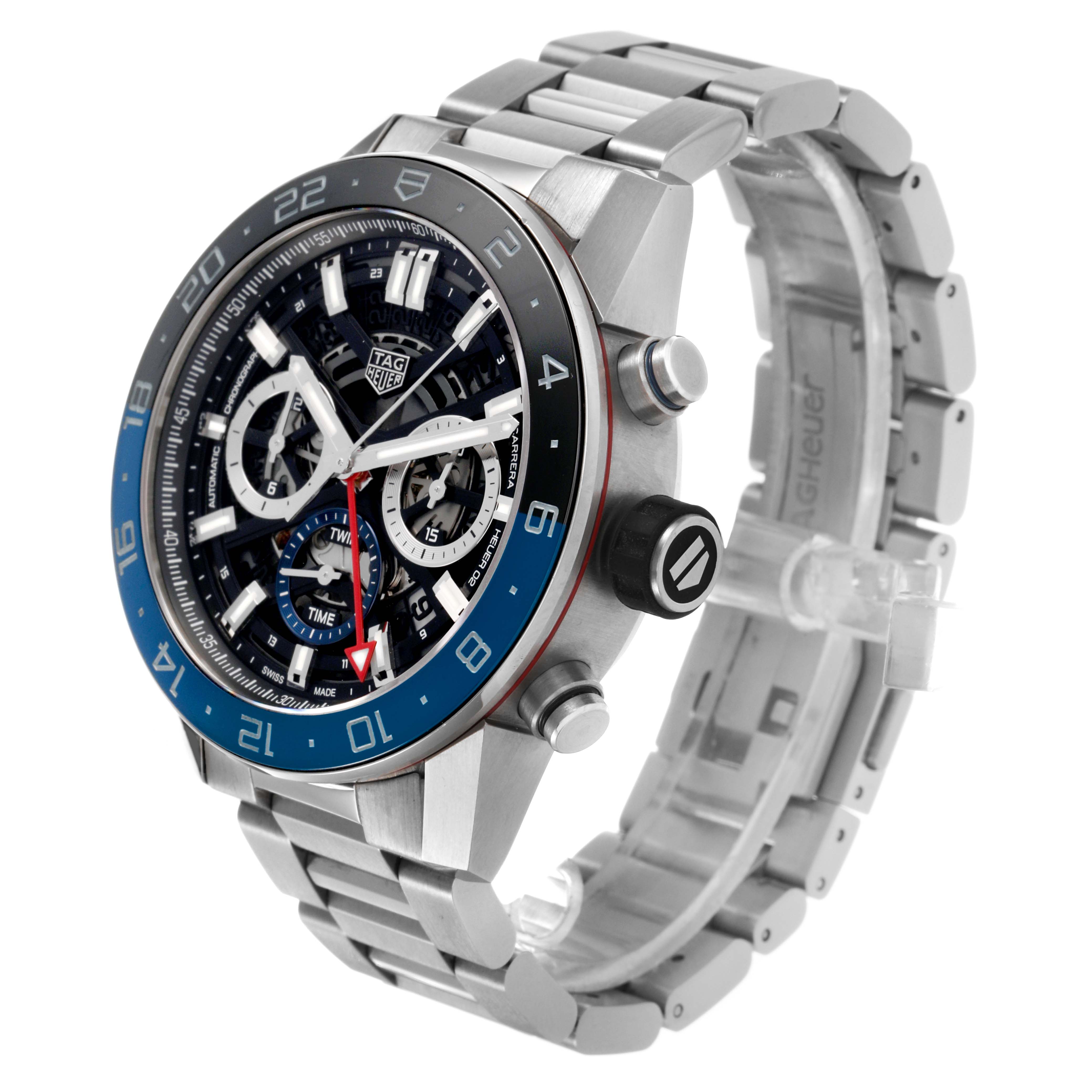 The image shows a Tag Heuer Carrera CBG2A1Z Men's Stainless Steel Black Dial watch at a three-quarter angle, highlighting the bezel, crown, dial, and bracelet.