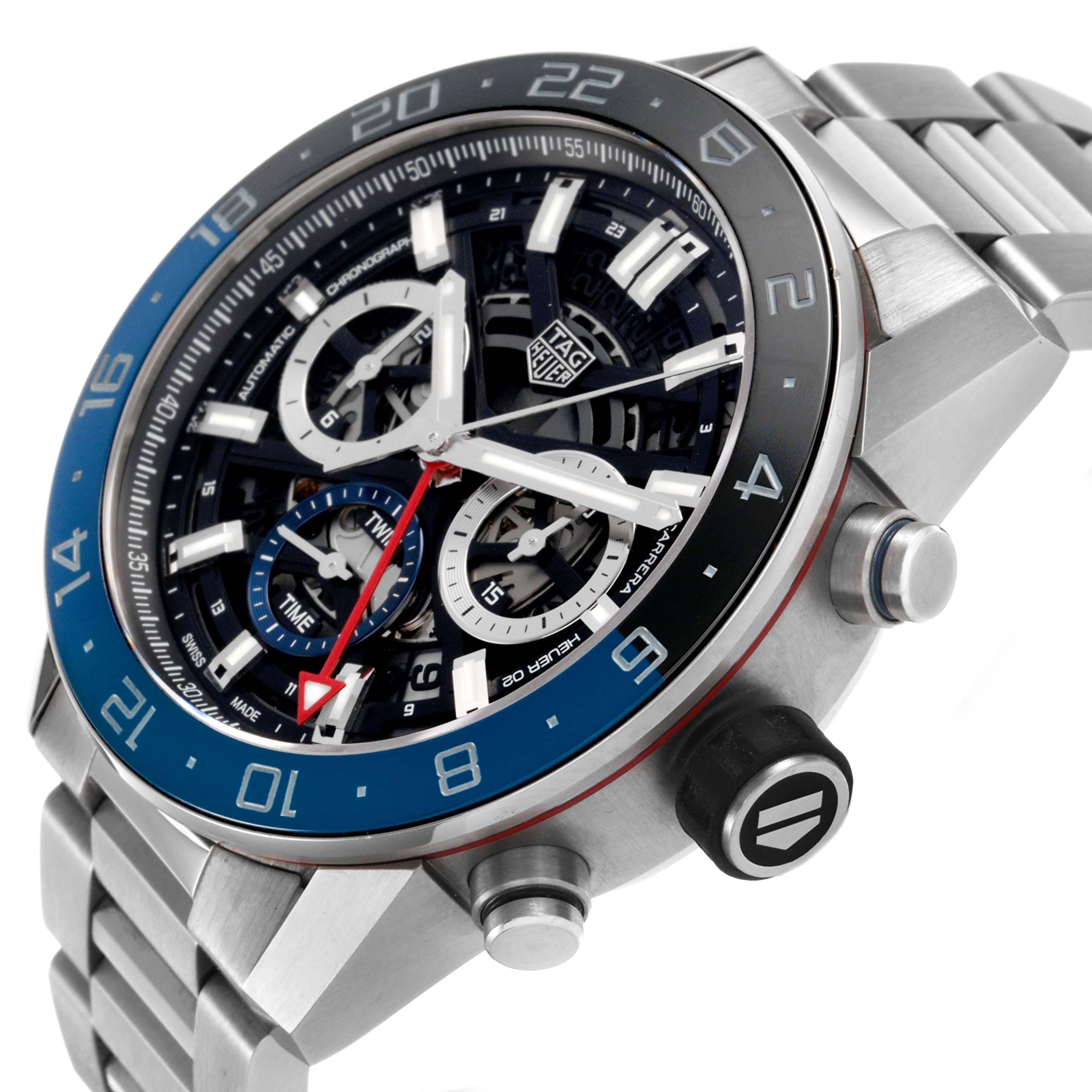 The Tag Heuer Carrera CBG2A1Z Men's Stainless Steel Black Dial watch is shown at an angle highlighting the face, bezel, pushers, and part of the metal bracelet.