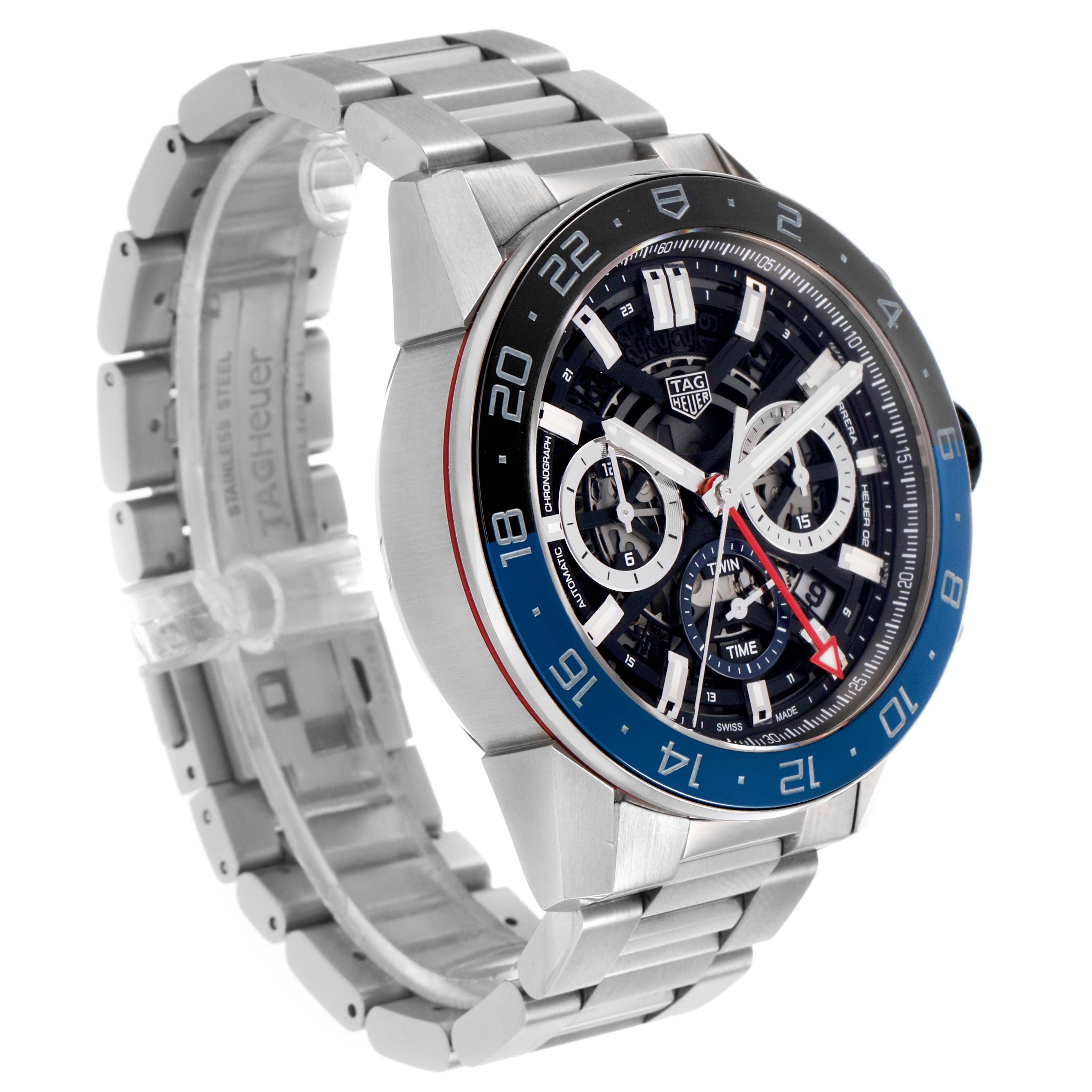 The Tag Heuer Carrera CBG2A1Z Men's Stainless Steel Black Dial watch is shown in a three-quarter angle, highlighting its face, bezel, and metal bracelet.