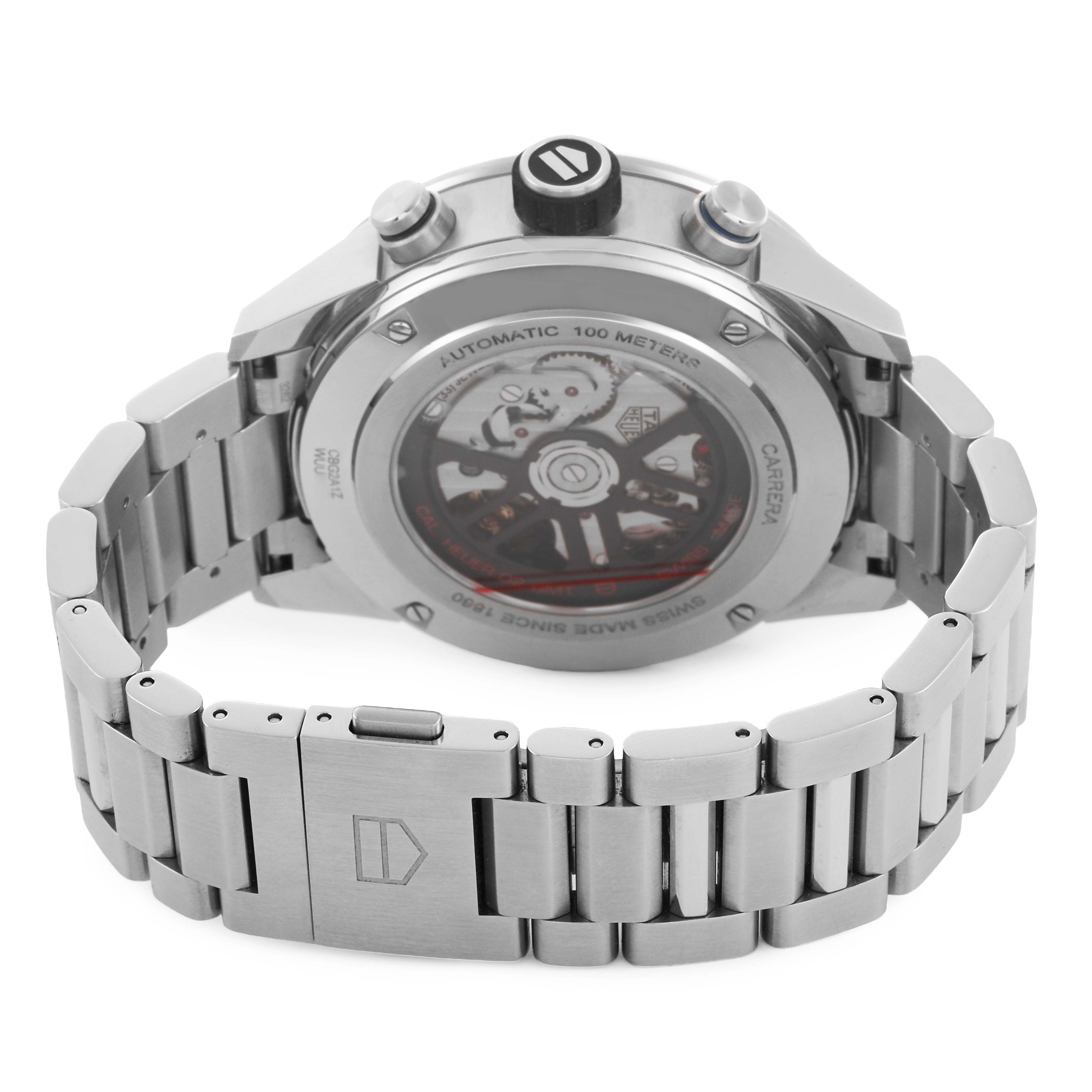 The image shows the back view of a Tag Heuer Carrera CBG2A1Z Men's Stainless Steel Black Dial, highlighting its open case back and bracelet.