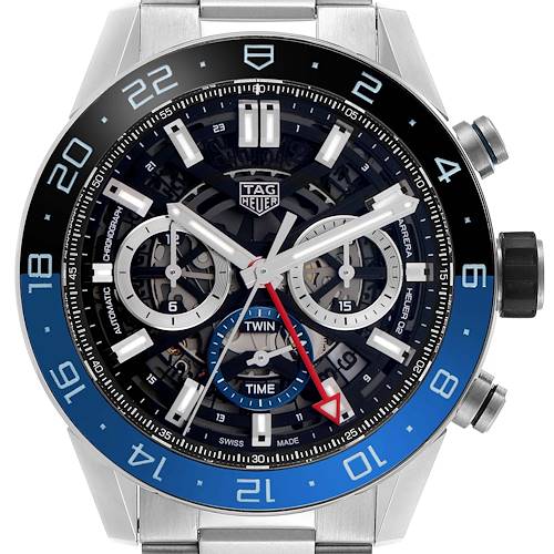 The Tag Heuer Carrera CBG2A1Z Men's Stainless Steel Black Dial watch is shown from a front angle, highlighting the dial, bezel, and chronograph features.
