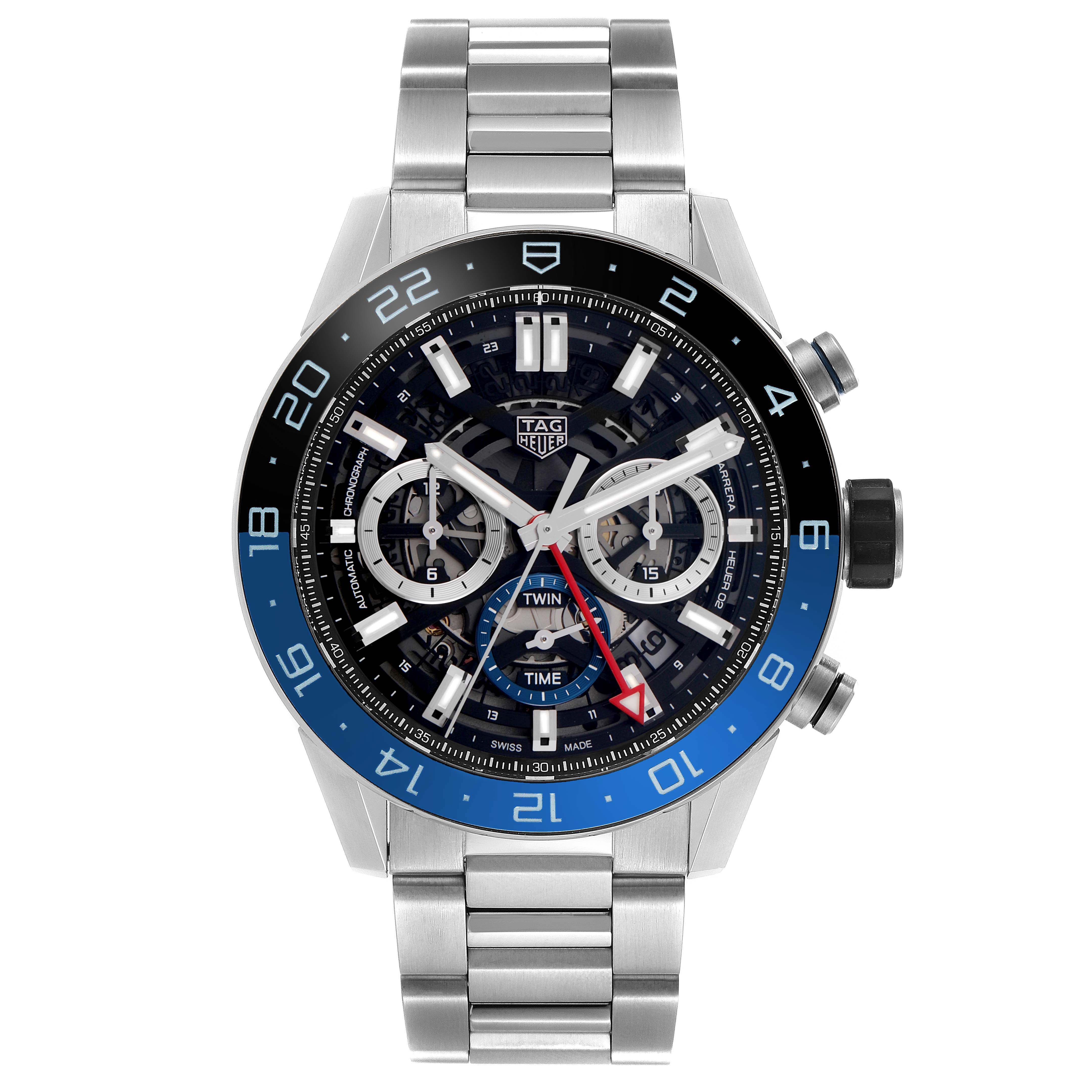 The image shows a Tag Heuer Carrera CBG2A1Z Men's Stainless Steel Black Dial watch from a front angle, featuring a stainless steel bracelet and a detailed dial with subdials.