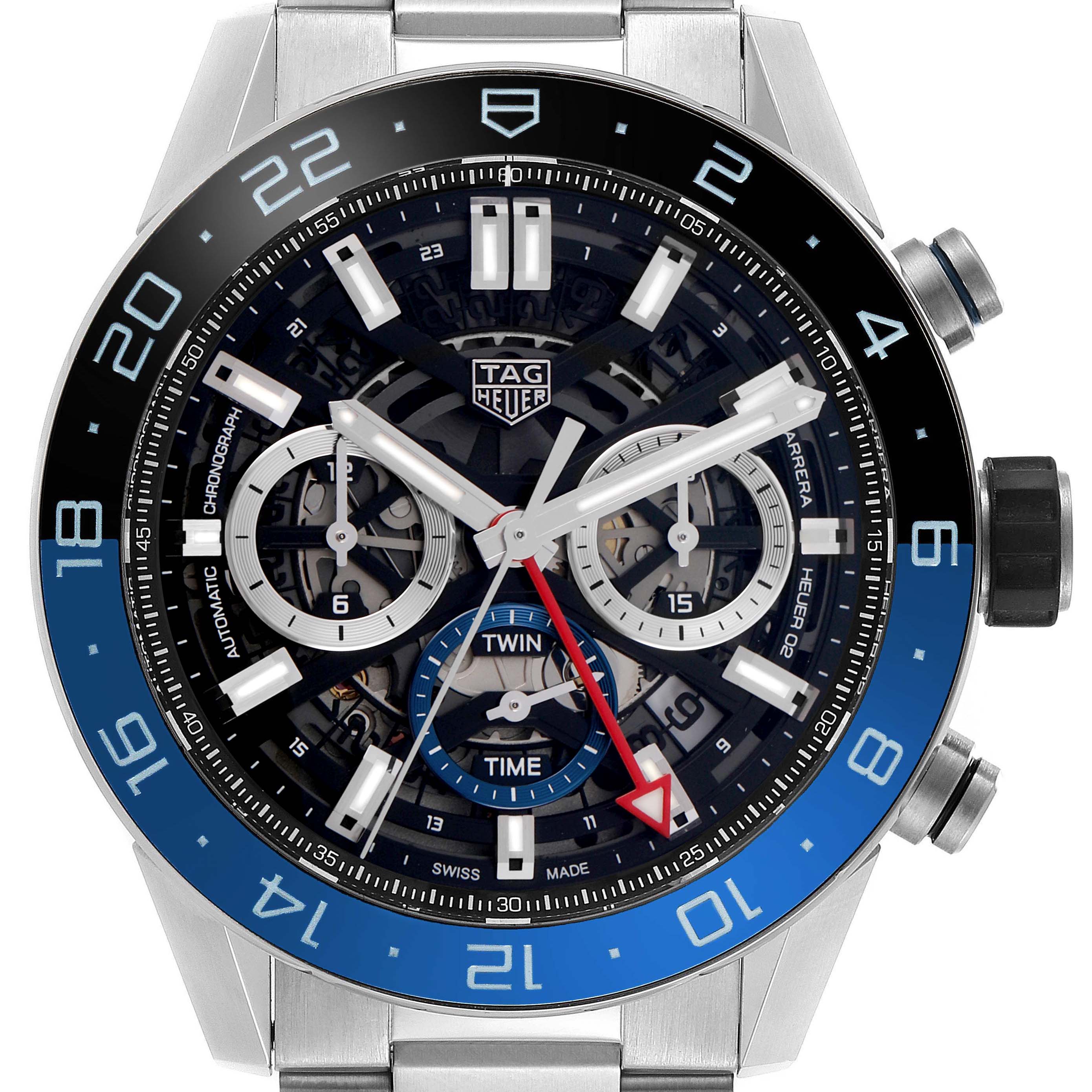 The image shows a close-up of the Tag Heuer Carrera CBG2A1Z Men's Stainless Steel Black Dial watch face, displaying its chronograph dials and bezel details.