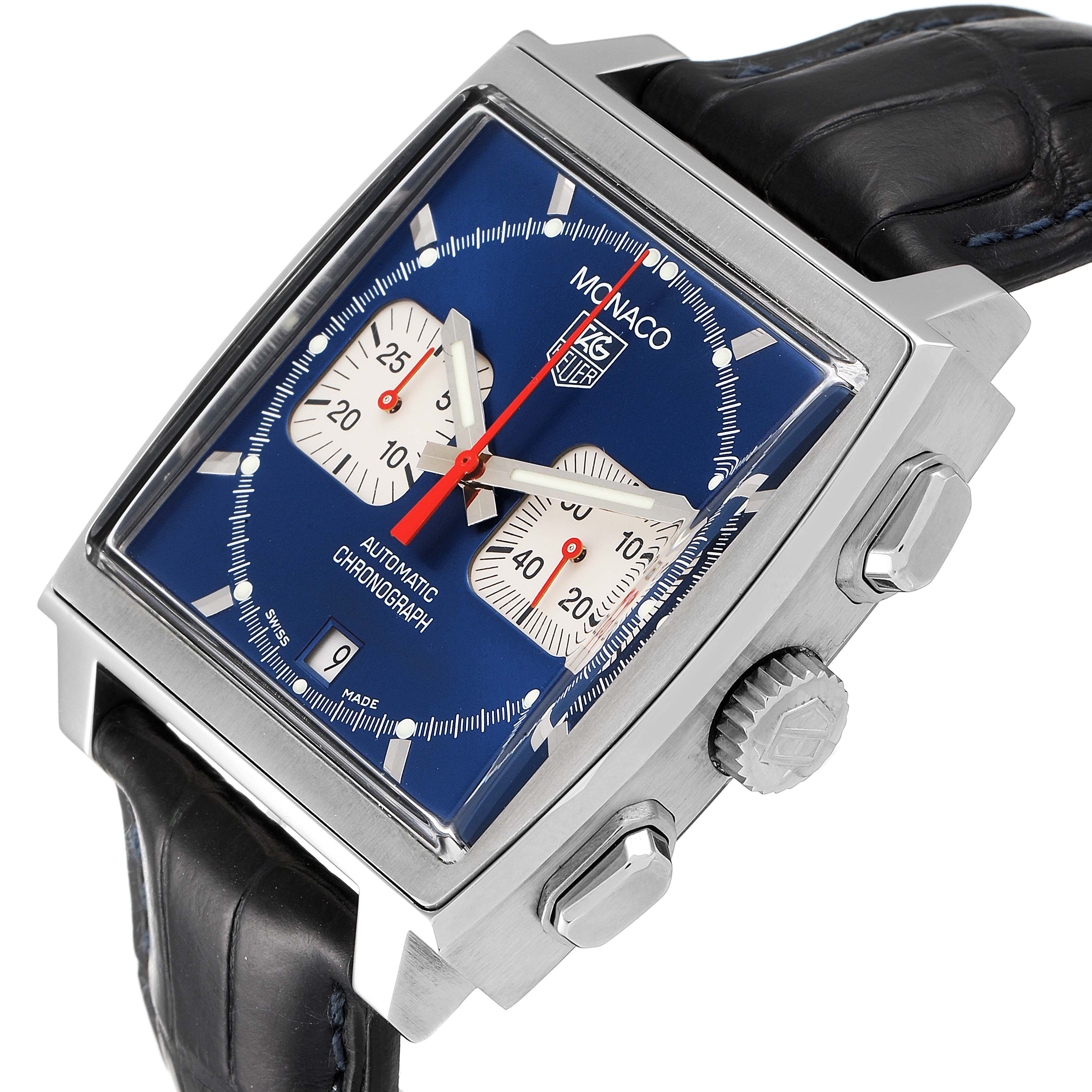 The image shows a Tag Heuer Monaco CW2113 Men
s Stainless Steel Blue Dial CW2113 Men
s Stainless Steel Blue Dial watch from a slight side angle, highlighting the blue dial, chronograph subdials, and crown.