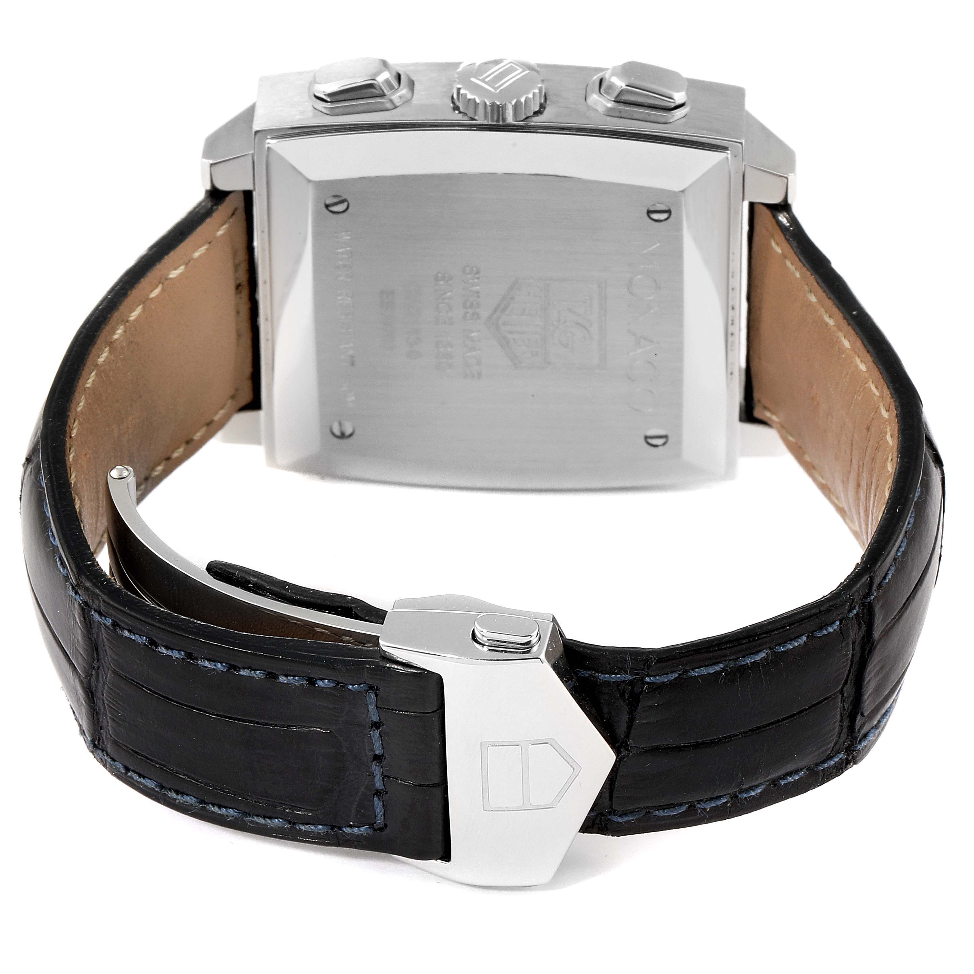The image shows the back view of the Tag Heuer Monaco CW2113 Men
s Stainless Steel Blue Dial CW2113 Men
s Stainless Steel Blue Dial watch, showcasing its case back, strap, and clasp.