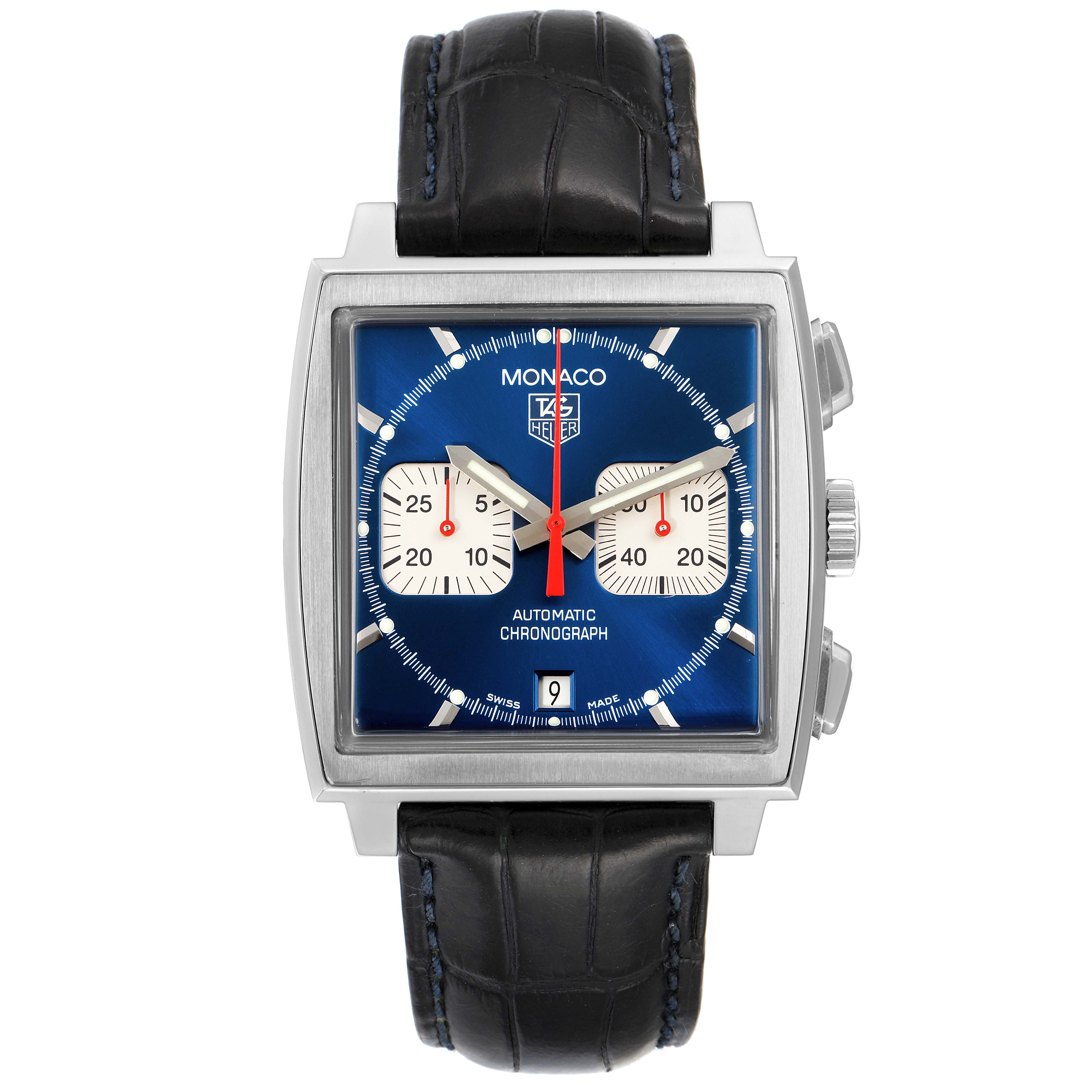 The image shows a front view of a Tag Heuer Monaco CW2113 Men
s Stainless Steel Blue Dial CW2113 Men
s Stainless Steel Blue Dial watch with its face, hands, subdials, and strap clearly visible.