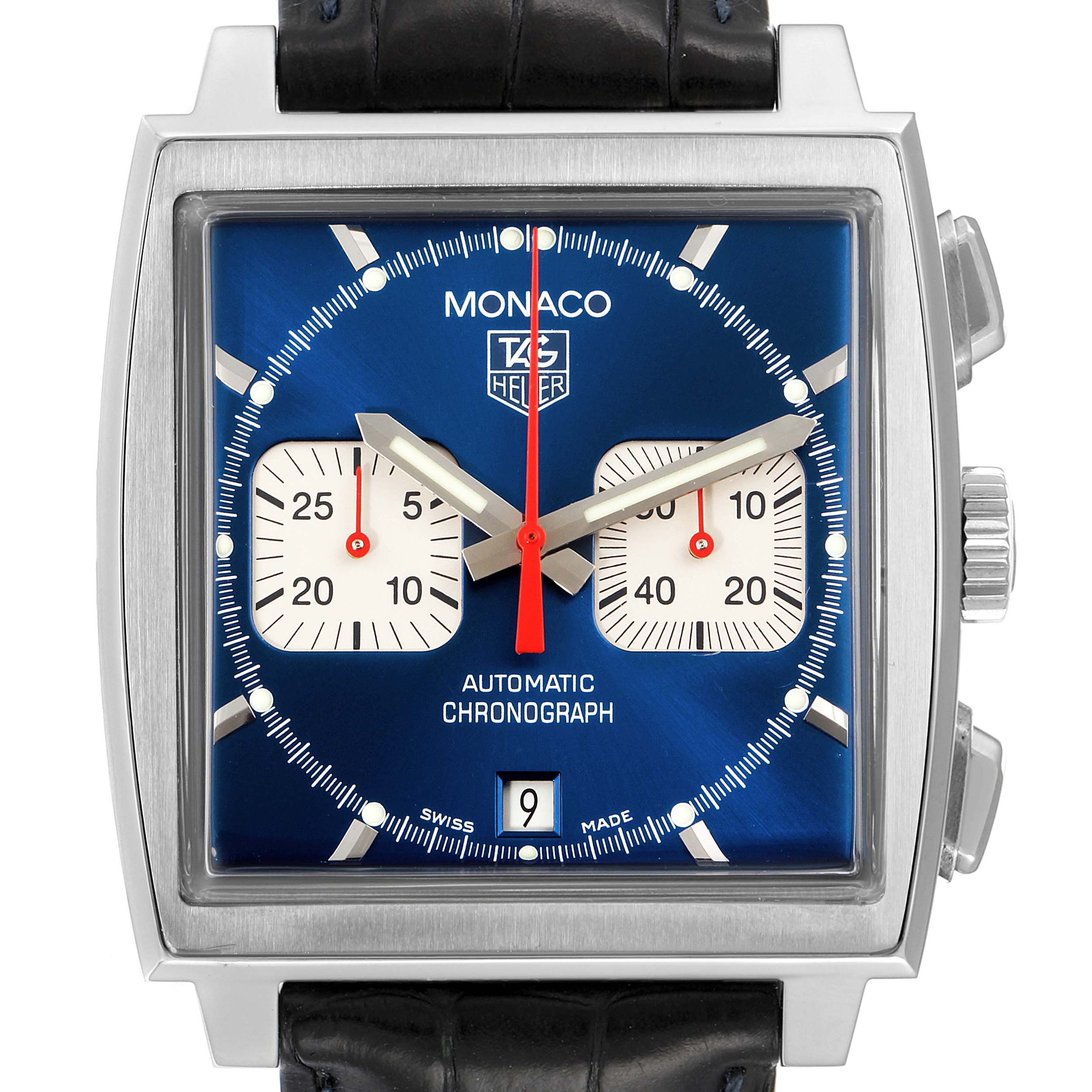 The image shows a frontal view of the Tag Heuer Monaco CW2113 Men
s Stainless Steel Blue Dial CW2113 Men
s Stainless Steel Blue Dial watch, displaying its square blue face, chronograph subdials, and date window.