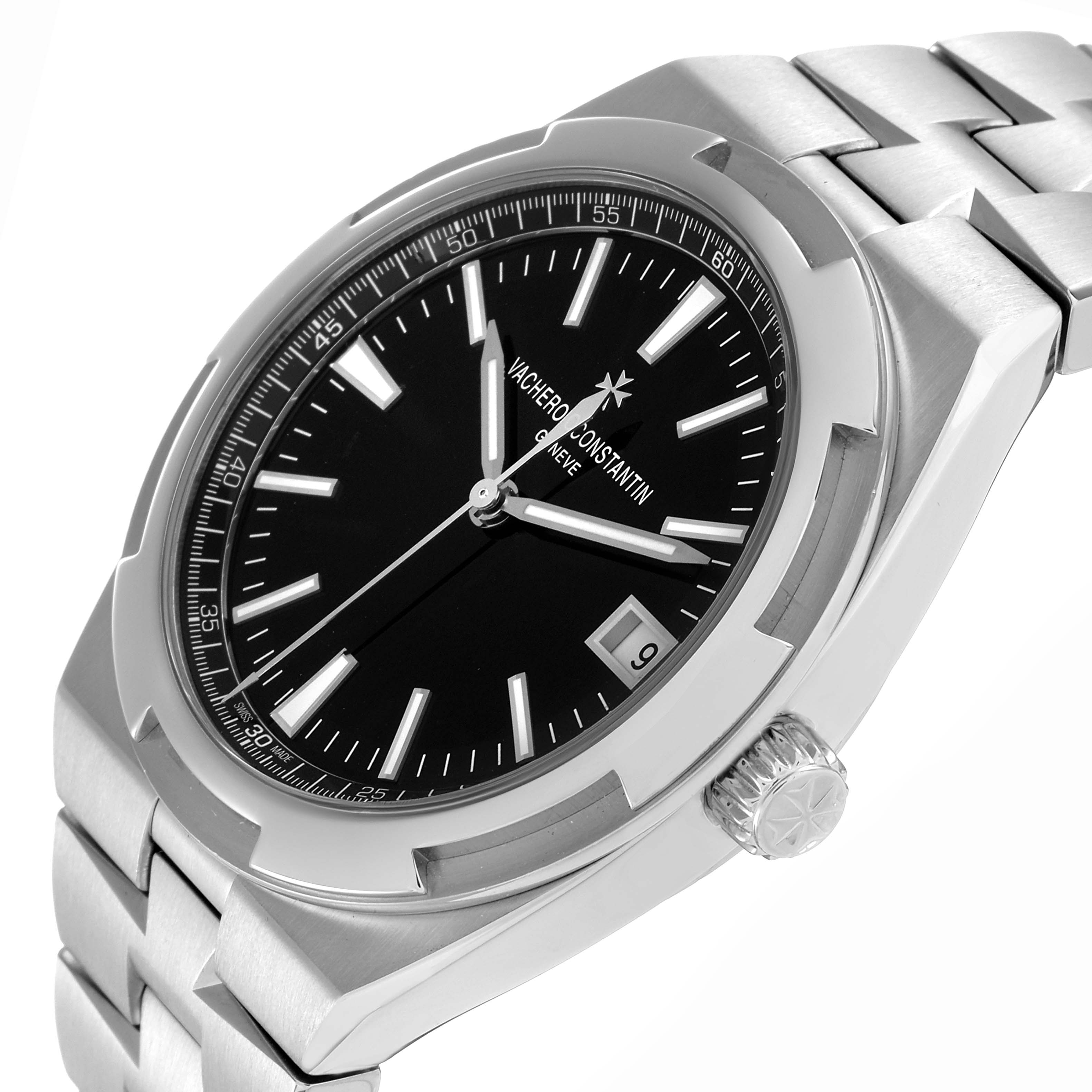 The Vacheron Constantin Overseas 4500V Men
s Stainless Steel Black Dial watch is shown at a side angle, highlighting the dial, crown, and bracelet.