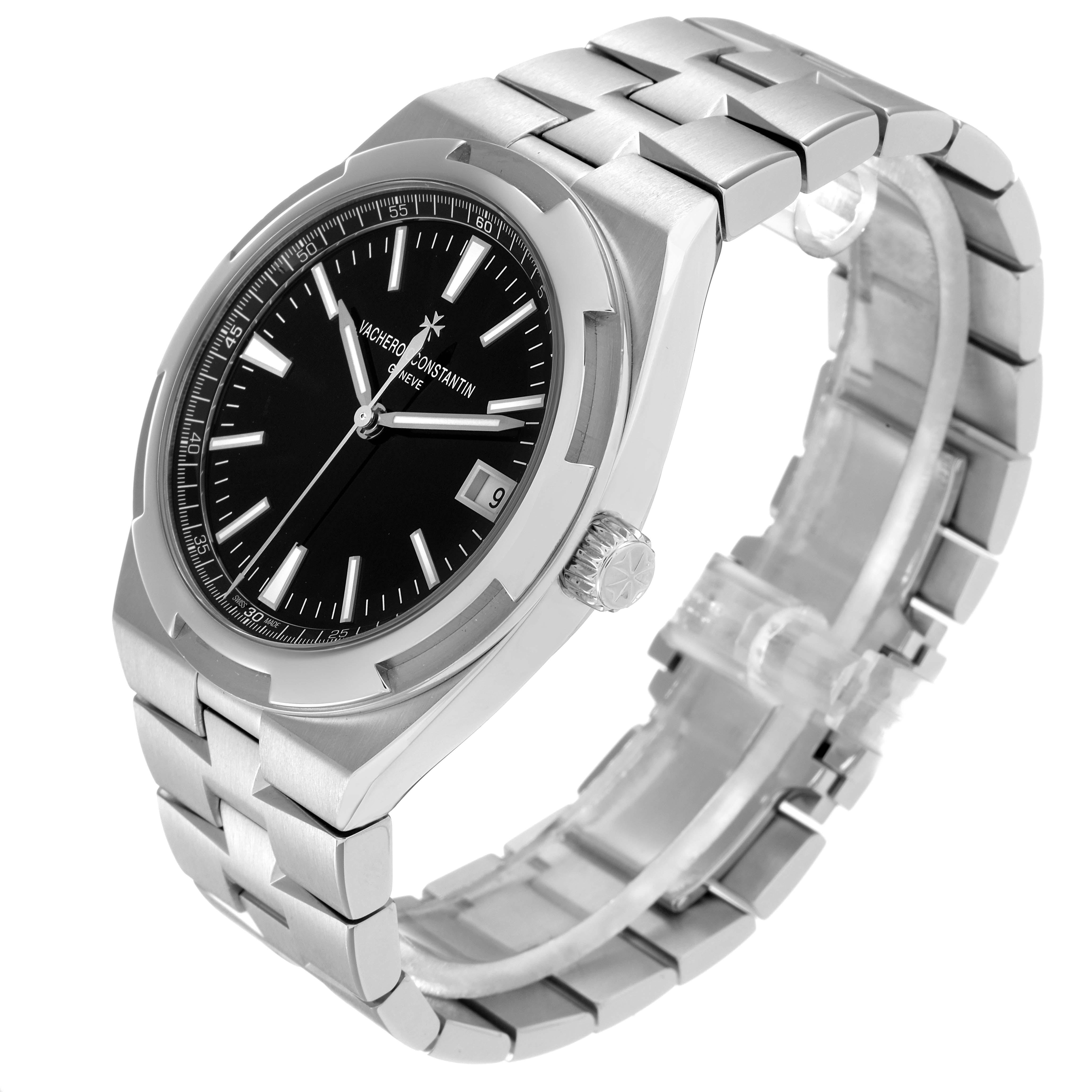 The Vacheron Constantin Overseas 4500V Men
s Stainless Steel Black Dial watch is shown at a three-quarter angle, highlighting the black dial, stainless steel bracelet, and date window.