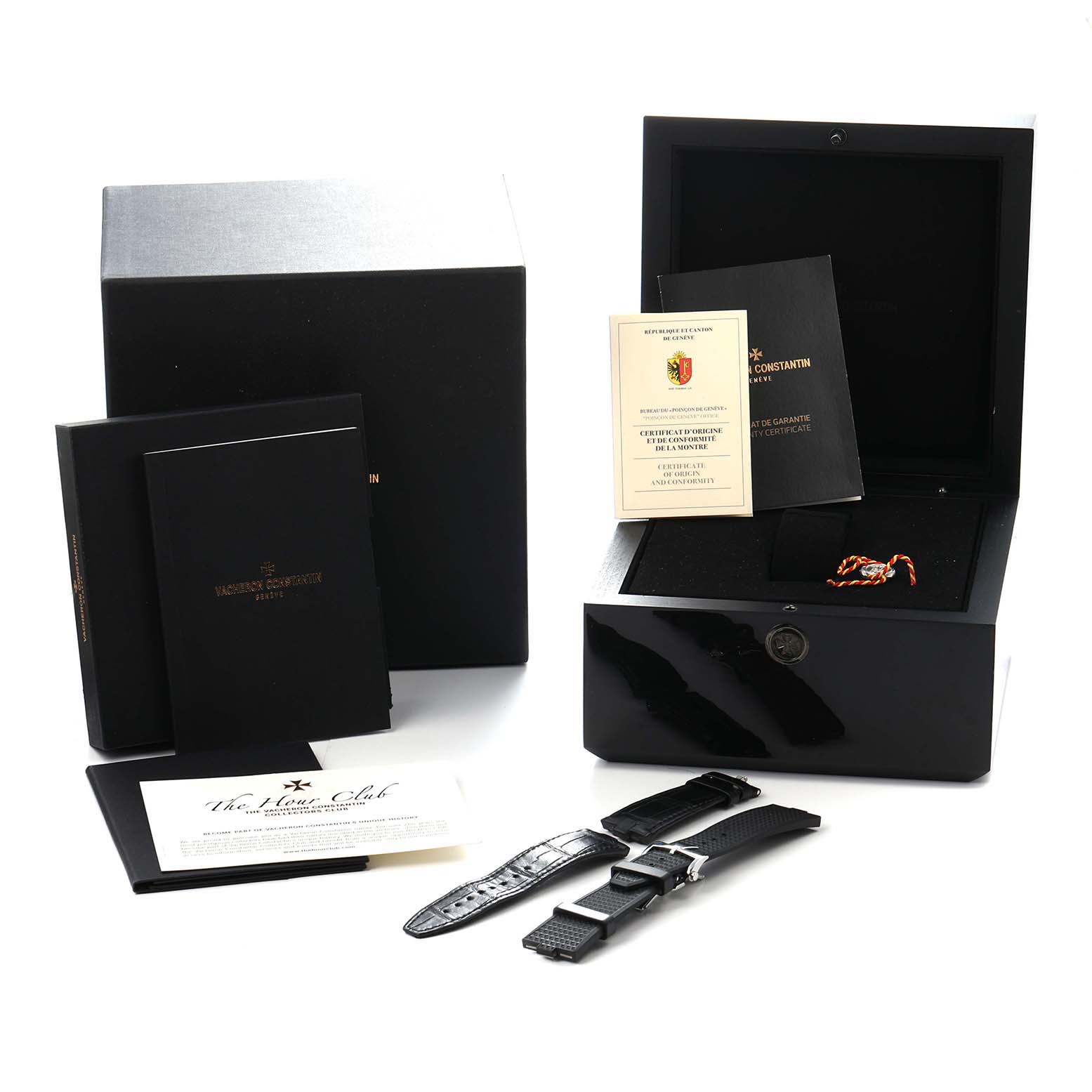 The image shows Vacheron Constantin Overseas 4500V Men
s Stainless Steel Black Dial accessories including a box, booklets, warranty certificate, and additional straps.