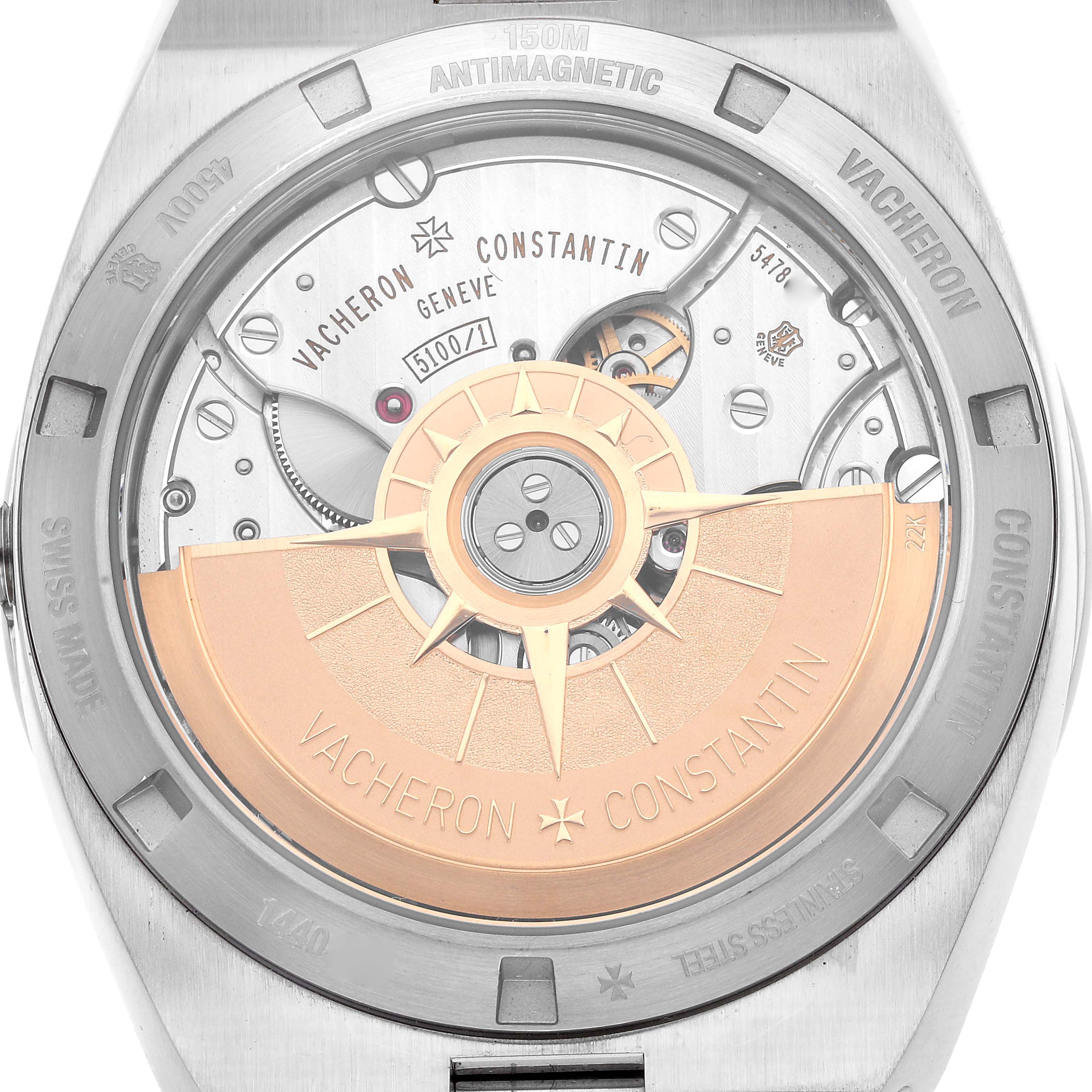 The image shows the back view of the Vacheron Constantin Overseas 4500V Men
s Stainless Steel Black Dial model, highlighting the movement and rotor.