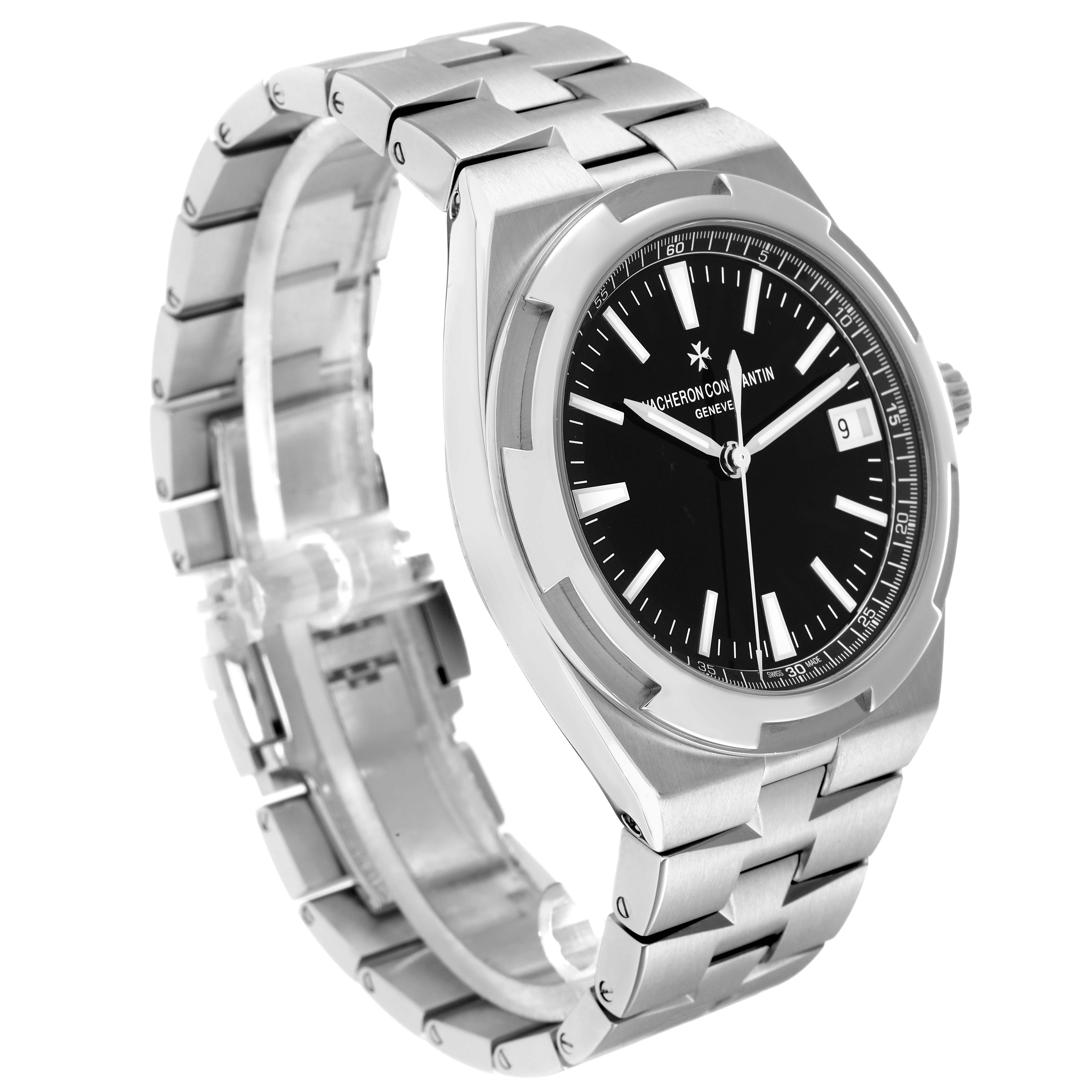 The image shows a Vacheron Constantin Overseas 4500V Men
s Stainless Steel Black Dial watch at a three-quarter angle, displaying the dial, bezel, crown, and bracelet.