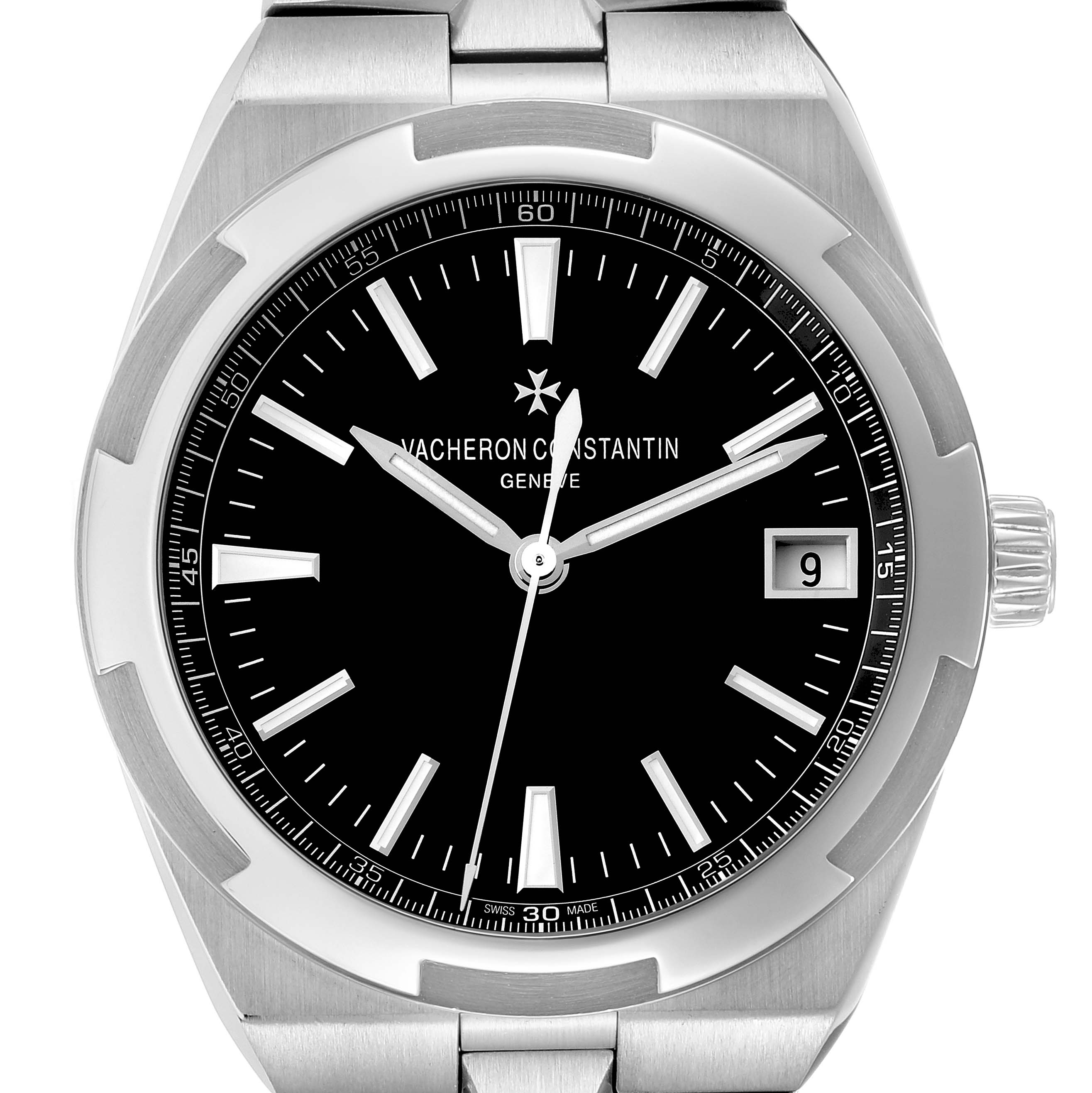 The Vacheron Constantin Overseas 4500V Men
s Stainless Steel Black Dial watch is shown from a front view, displaying the bezel, dial, hands, and date window.