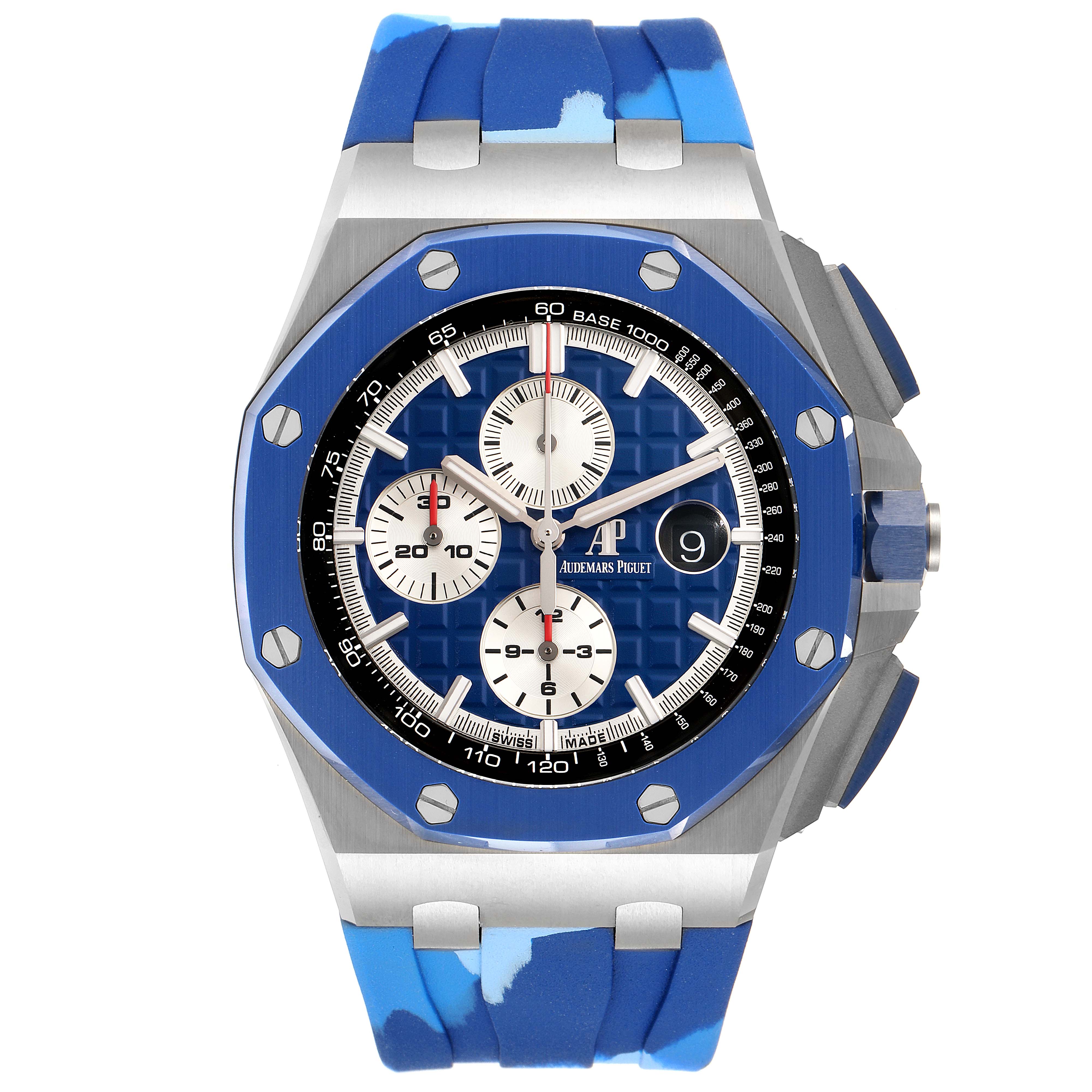 The image shows a frontal view of the Audemars Piguet Royal Oak Offshore 26400SO.OO.A335CA.01 Men's Stainless Steel Blue Dial 26400SO.OO.A335CA.01 Men's Stainless Steel Blue Dial watch, highlighting its blue rubber strap, octagonal bezel, and chronograph dials.