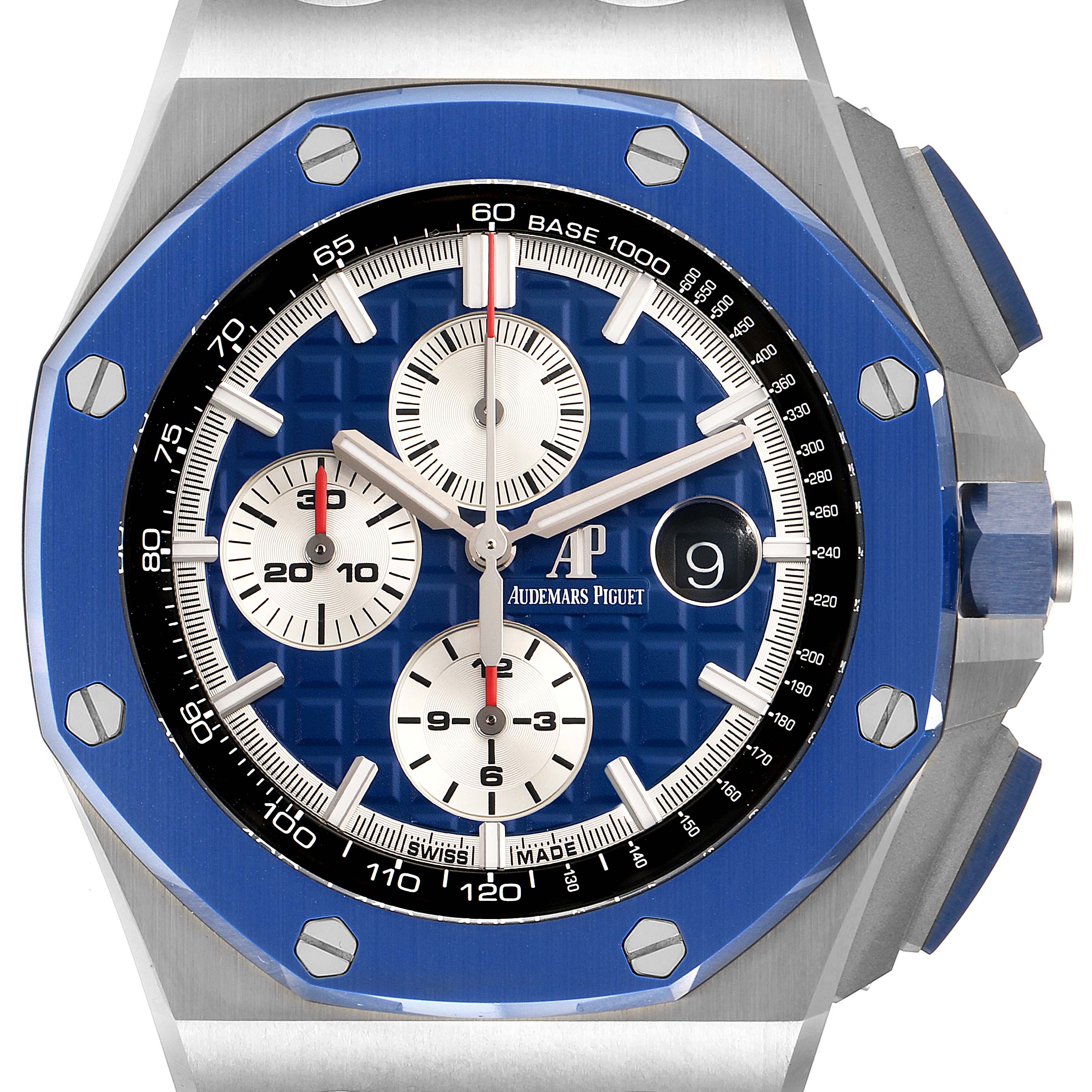 The image shows a front view of the dial and bezel of the Audemars Piguet Royal Oak Offshore 26400SO.OO.A335CA.01 Men's Stainless Steel Blue Dial 26400SO.OO.A335CA.01 Men's Stainless Steel Blue Dial model, featuring a blue face and subdials.