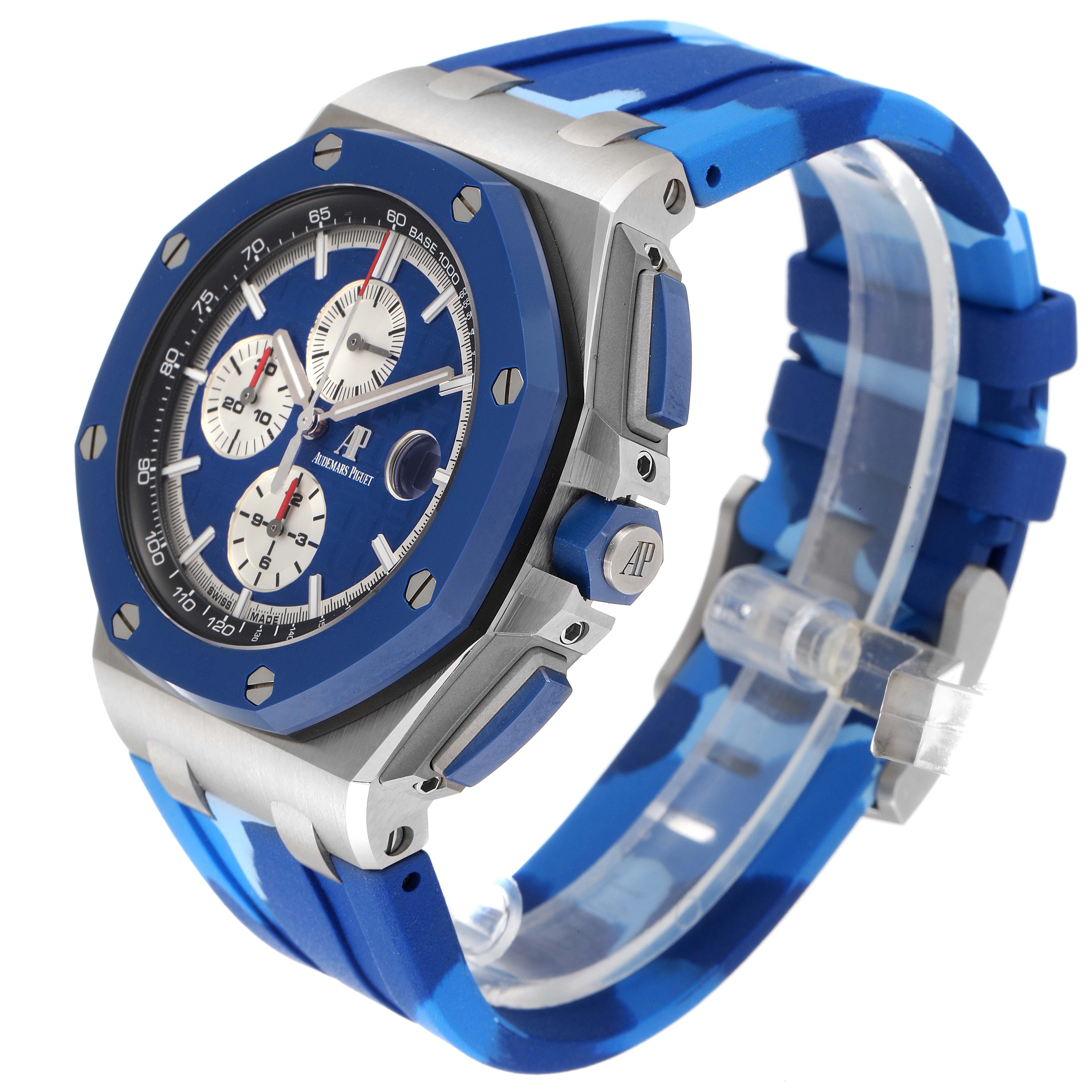 The image shows a side angle of the Audemars Piguet Royal Oak Offshore 26400SO.OO.A335CA.01 Men's Stainless Steel Blue Dial 26400SO.OO.A335CA.01 Men's Stainless Steel Blue Dial watch, highlighting the blue bezel, dials, and strap.