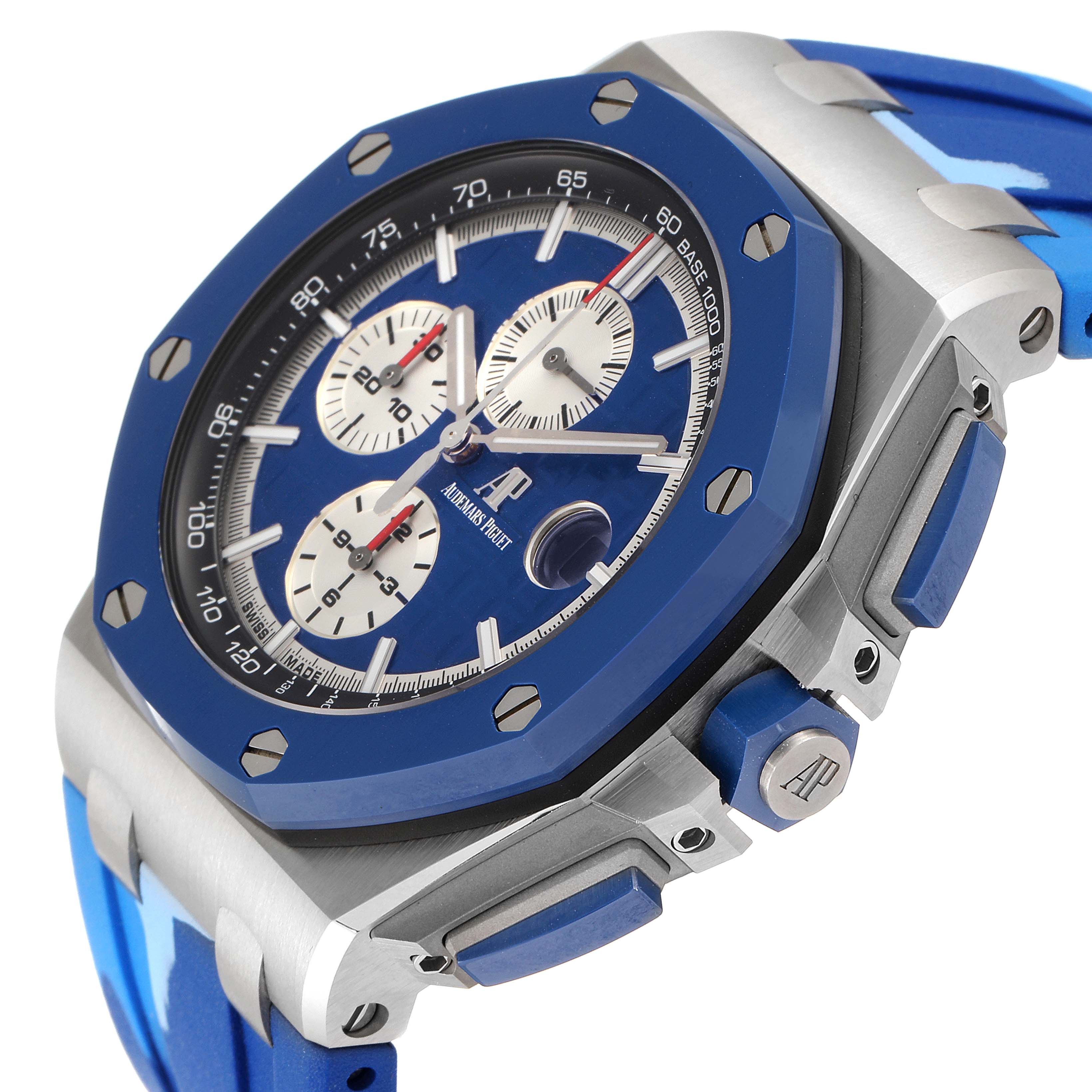 This image shows a close-up, angled view of the dial, bezel, and chronograph pushers of the Audemars Piguet Royal Oak Offshore 26400SO.OO.A335CA.01 Men's Stainless Steel Blue Dial 26400SO.OO.A335CA.01 Men's Stainless Steel Blue Dial watch.