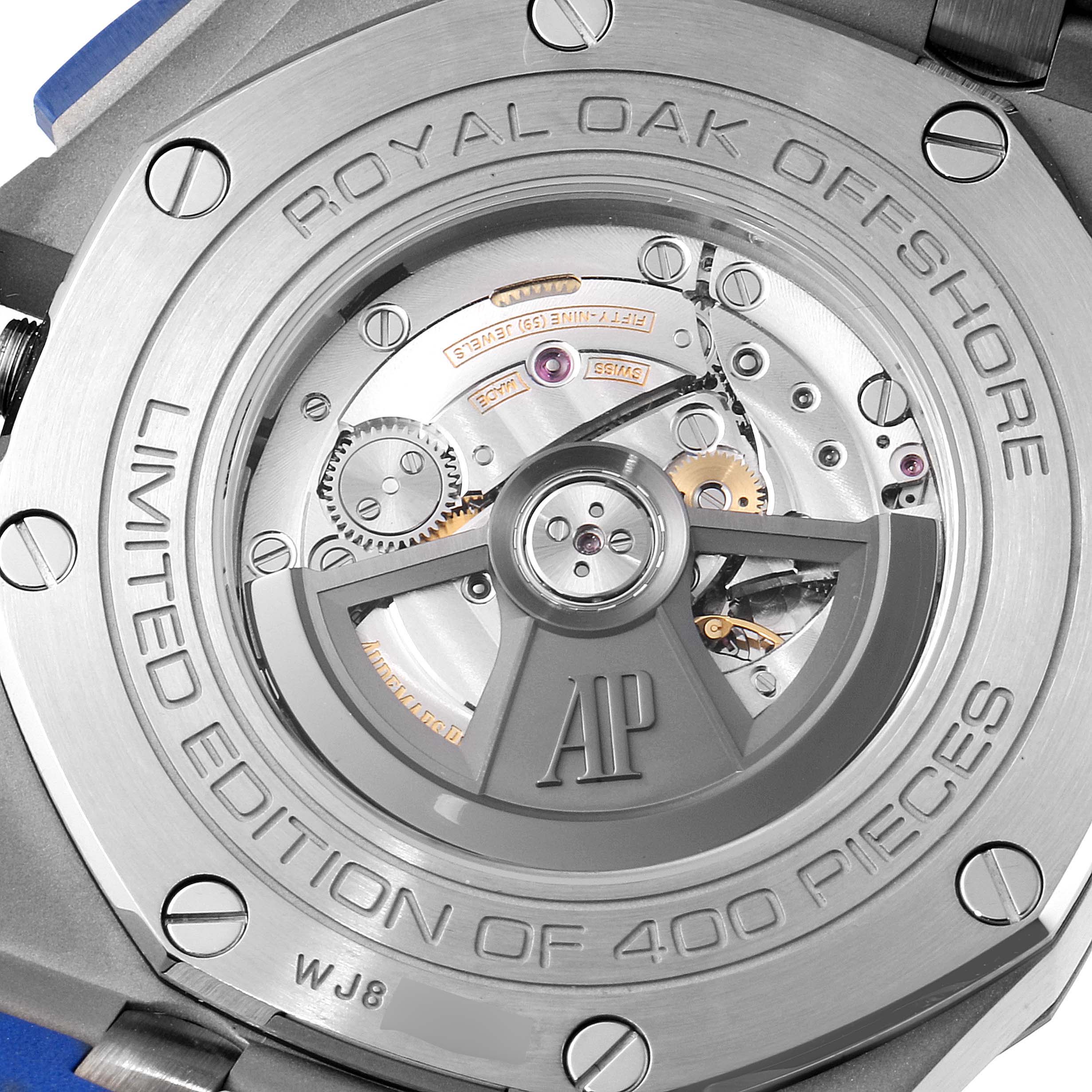 This image shows the back view of an Audemars Piguet Royal Oak Offshore 26400SO.OO.A335CA.01 Men's Stainless Steel Blue Dial 26400SO.OO.A335CA.01 Men's Stainless Steel Blue Dial watch, highlighting its mechanical movement.