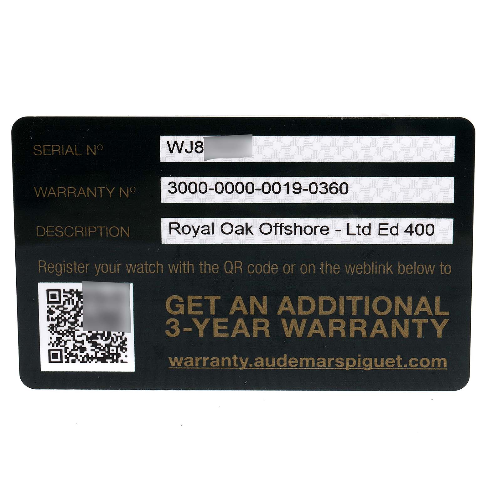 This image shows the warranty card for an Audemars Piguet Royal Oak Offshore 26400SO.OO.A335CA.01 Men's Stainless Steel Blue Dial 26400SO.OO.A335CA.01 Men's Stainless Steel Blue Dial watch.