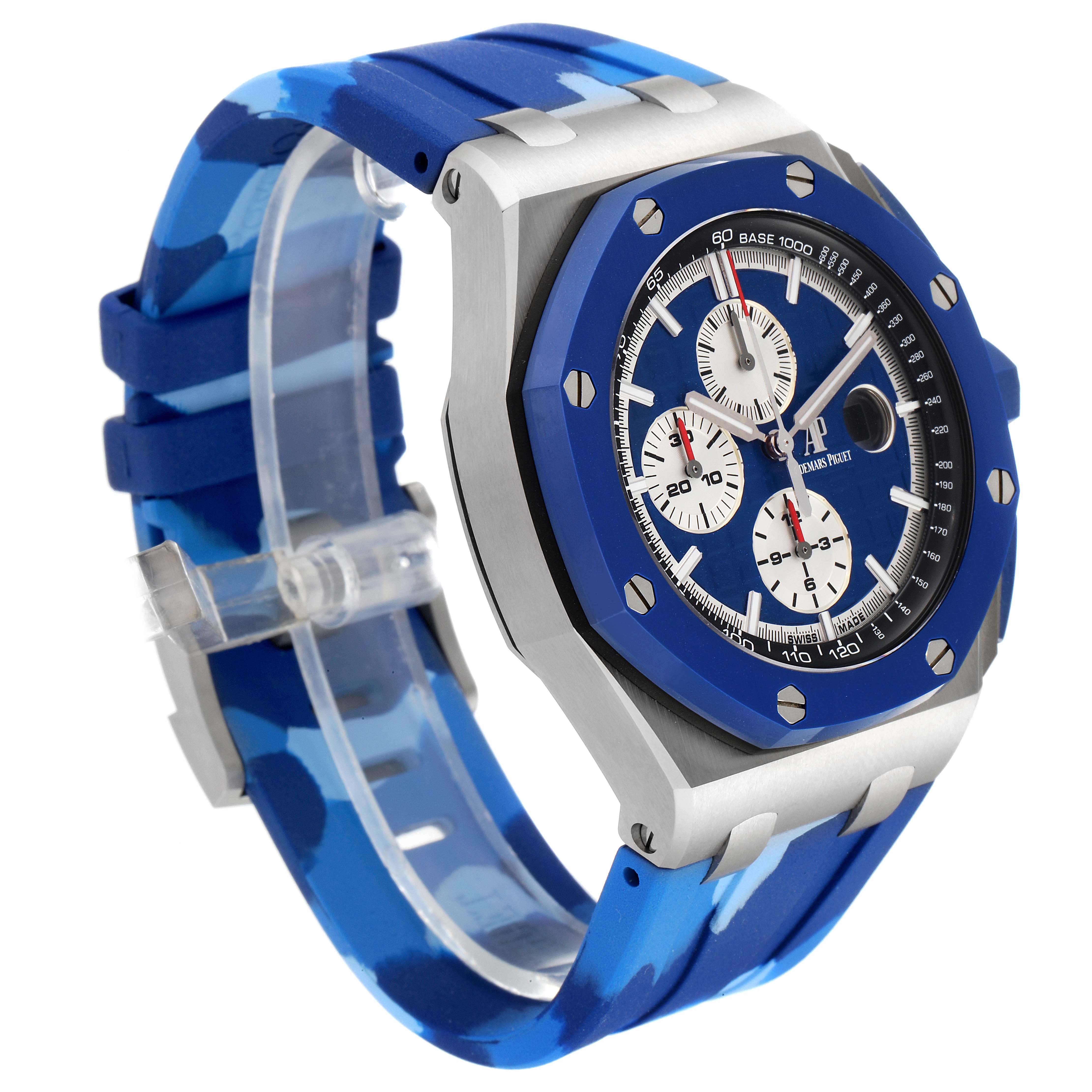 The image shows an angled side view of the Audemars Piguet Royal Oak Offshore 26400SO.OO.A335CA.01 Men's Stainless Steel Blue Dial 26400SO.OO.A335CA.01 Men's Stainless Steel Blue Dial watch, highlighting its face, bezel, and blue camo strap.