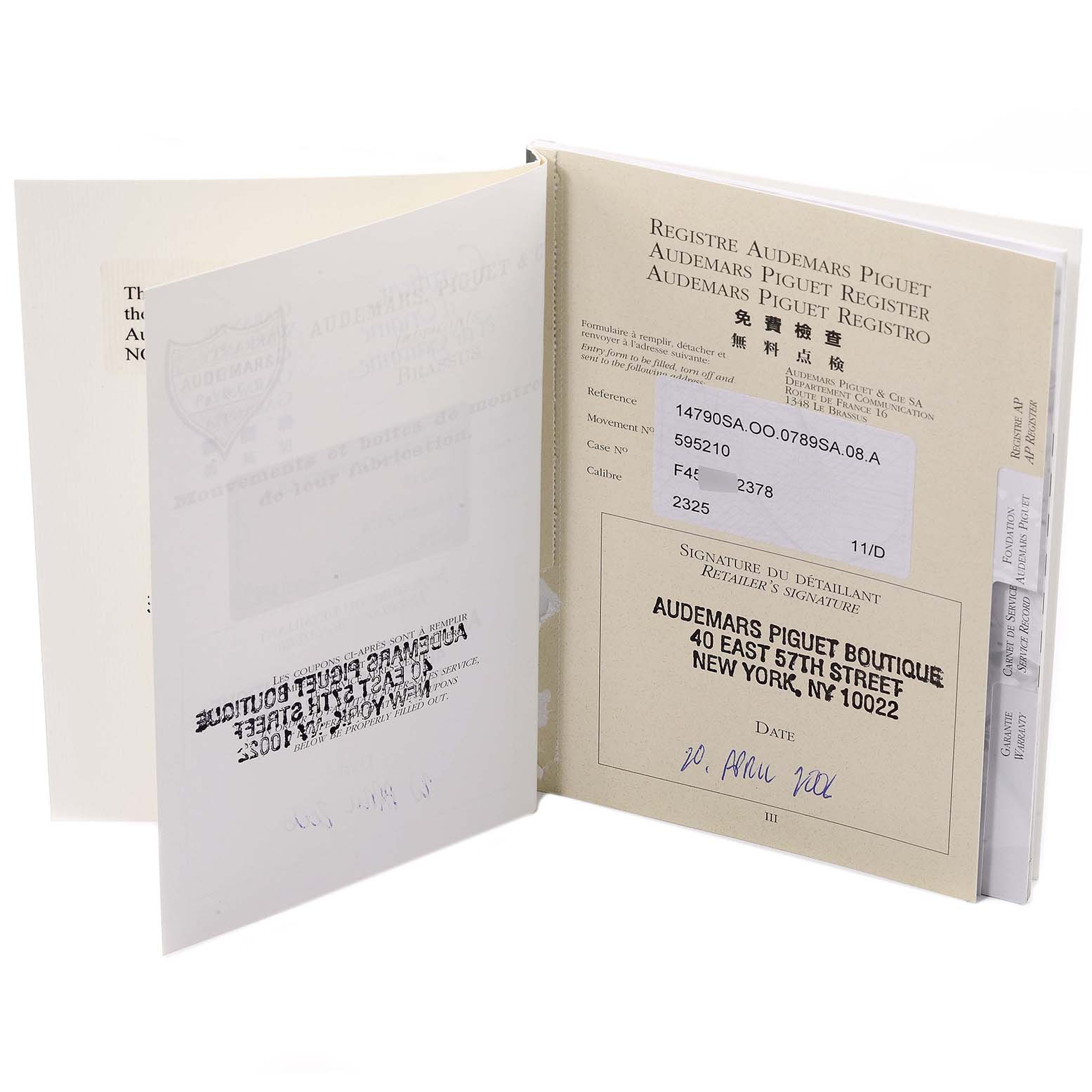 The image shows the warranty and registration booklet for the Audemars Piguet Royal Oak 14790SA.OO.0789SA.08 Men's Steel and Gold (two tone) Silver Dial 14790SA.OO.0789SA.08 Men's Steel and Gold (two tone) Silver Dial model.