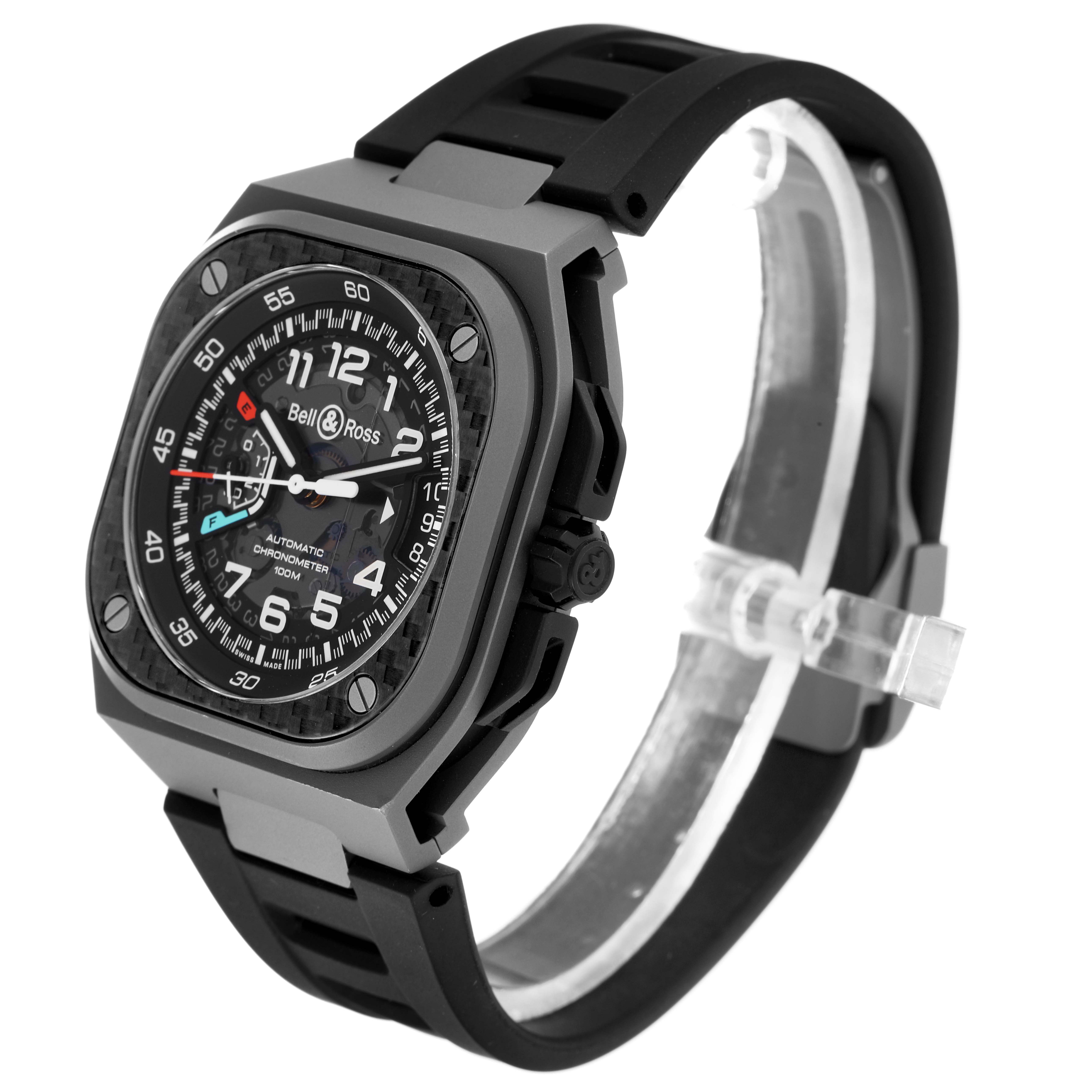 The Bell 
Ross Urban BRX5 Men
s Stainless Steel Grey Dial model is shown at an angled side view, displaying the face, bezel, and band.