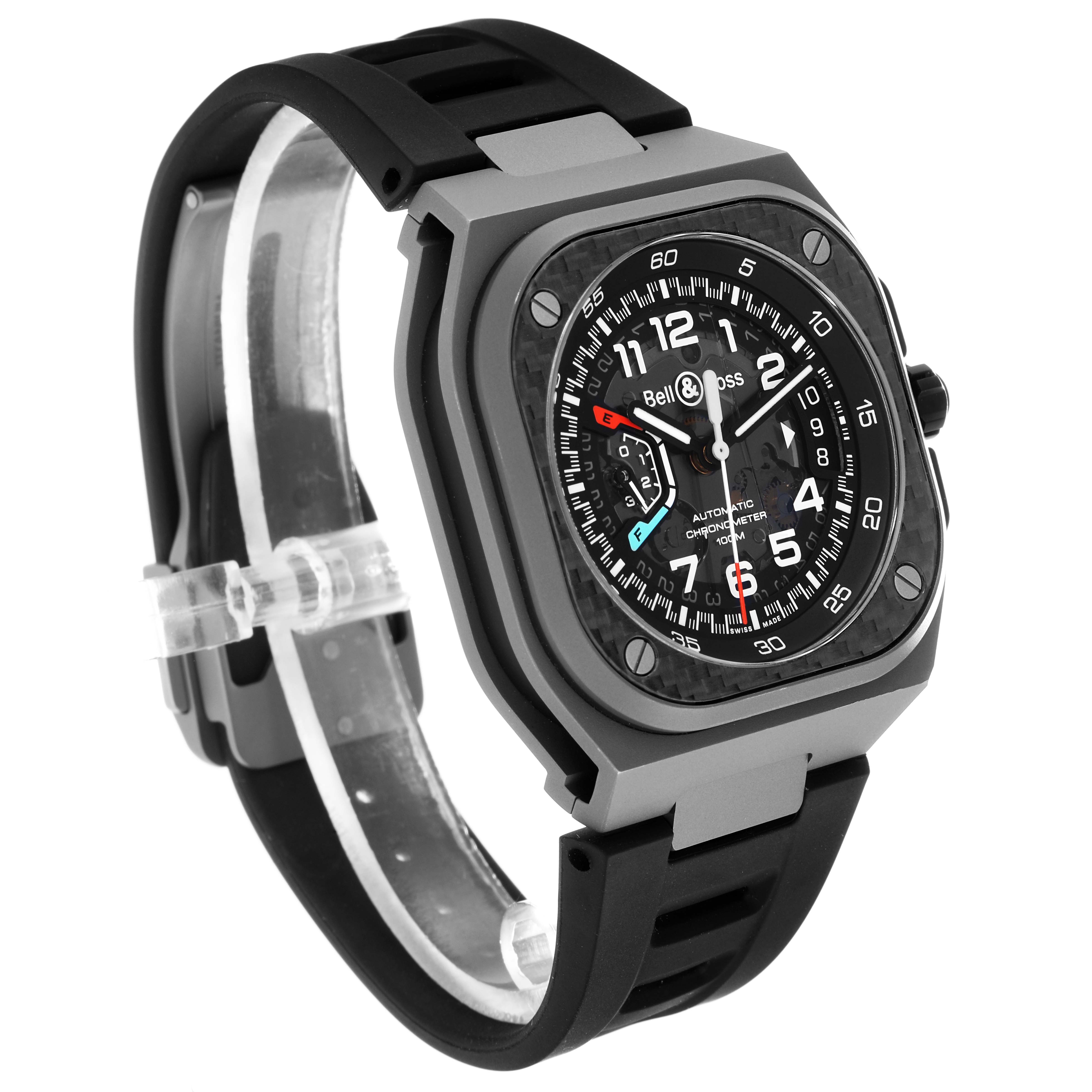 The Bell 
Ross Urban BRX5 Men
s Stainless Steel Grey Dial watch is shown at a three-quarter angle, showcasing its face, case, crown, and strap.