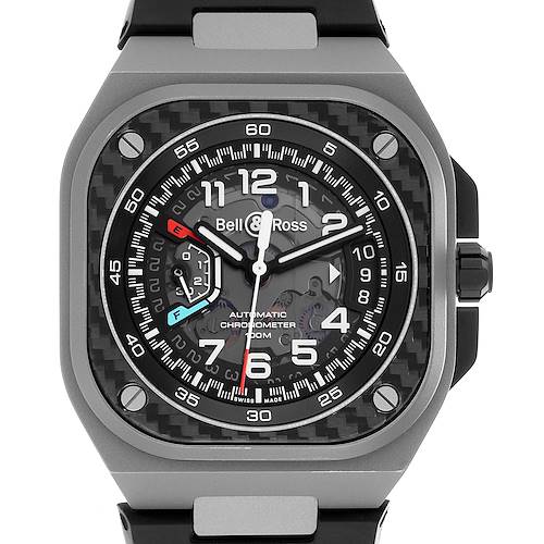 The Bell & Ross Urban model BRX5 men's watch is shown from a top-down angle, highlighting the dial, bezel, and pushers.