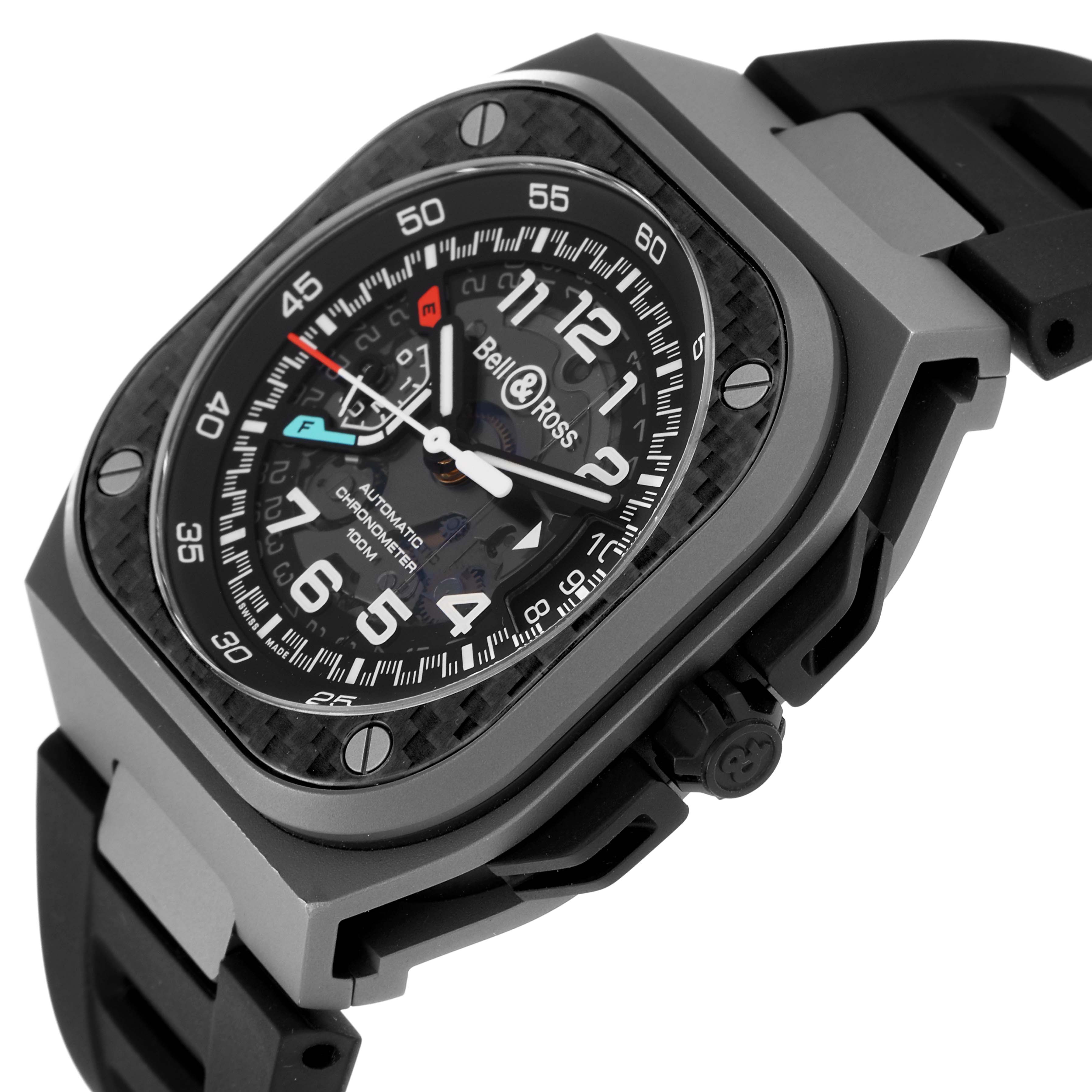 The Bell 
Ross Urban BRX5 Men
s Stainless Steel Grey Dial model watch is shown at an angle highlighting the dial and side, with focus on its strap and casing.