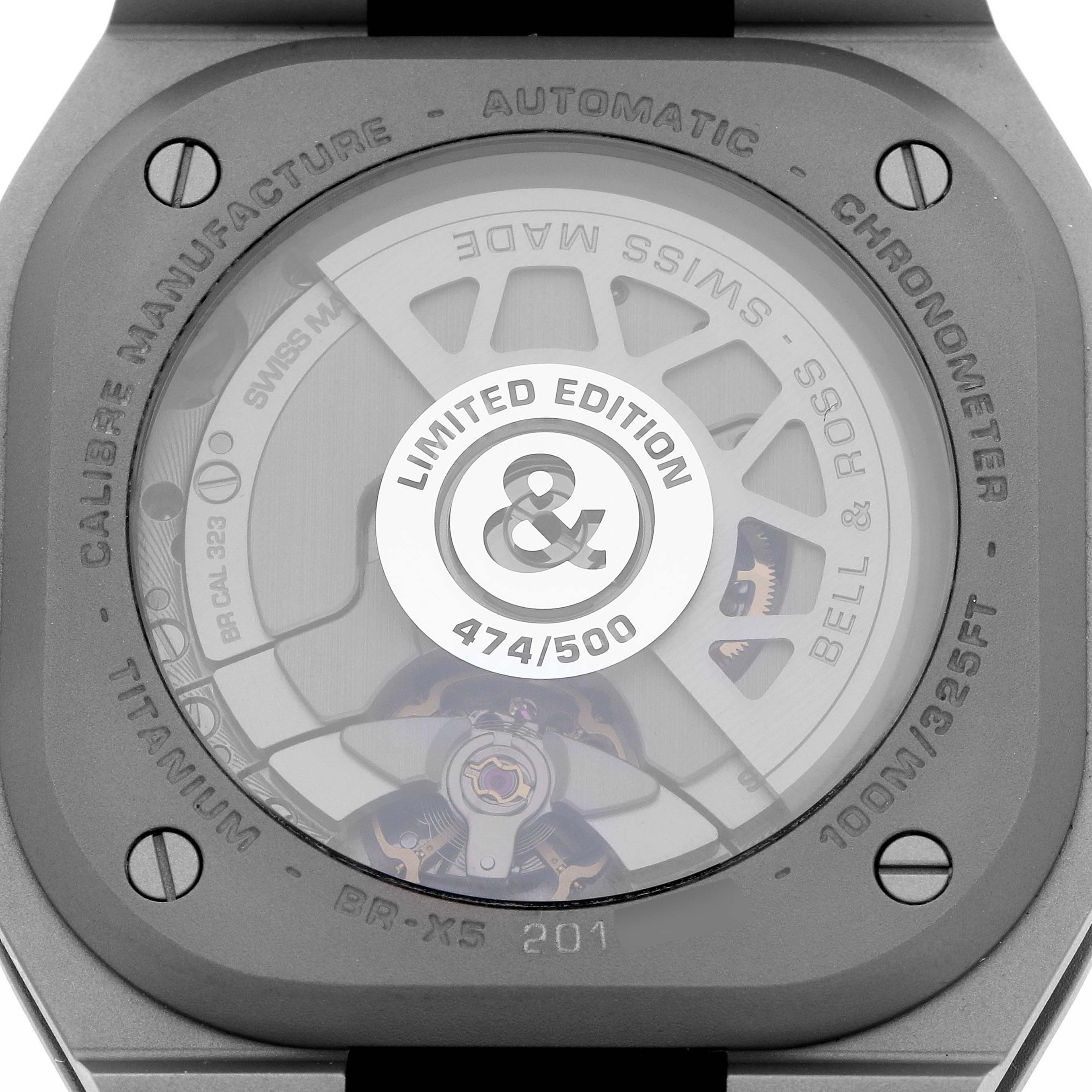The Bell 
Ross Urban BRX5 Men
s Stainless Steel Grey Dial model watch is shown from the back, displaying its movement and limited edition engraving.