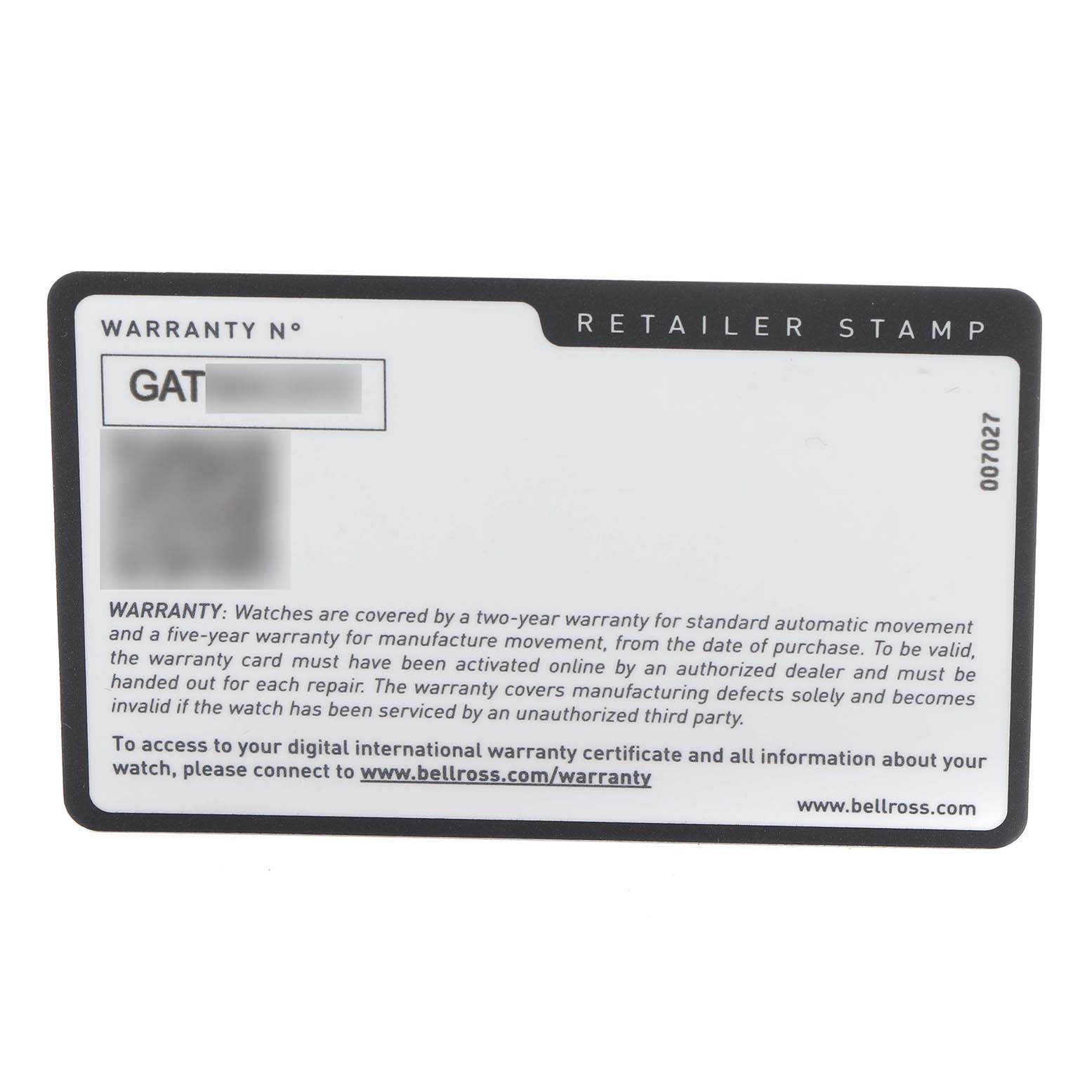 The image shows a warranty card for a Bell 
Ross Urban BRX5 Men
s Stainless Steel Grey Dial model watch, viewed from the front.