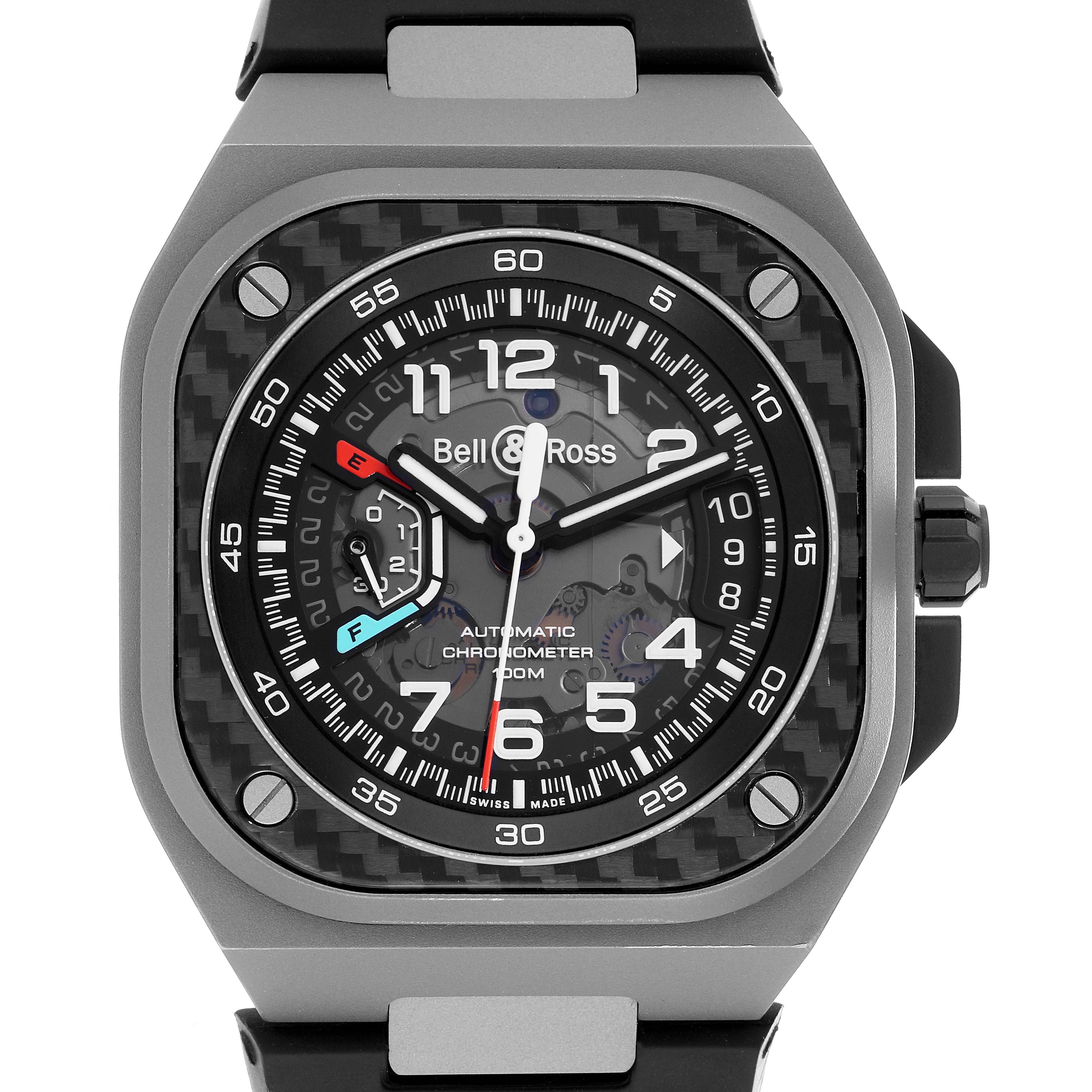 The image shows a front view of the Bell 
Ross Urban BRX5 Men
s Stainless Steel Grey Dial model watch, highlighting its dial and bezel details.