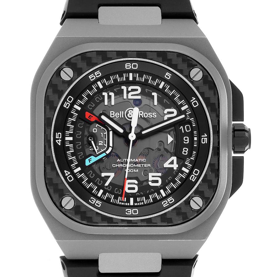 The Bell & Ross Urban model BRX5 men's watch is shown from a front angle, highlighting the intricate dial and bezel design.