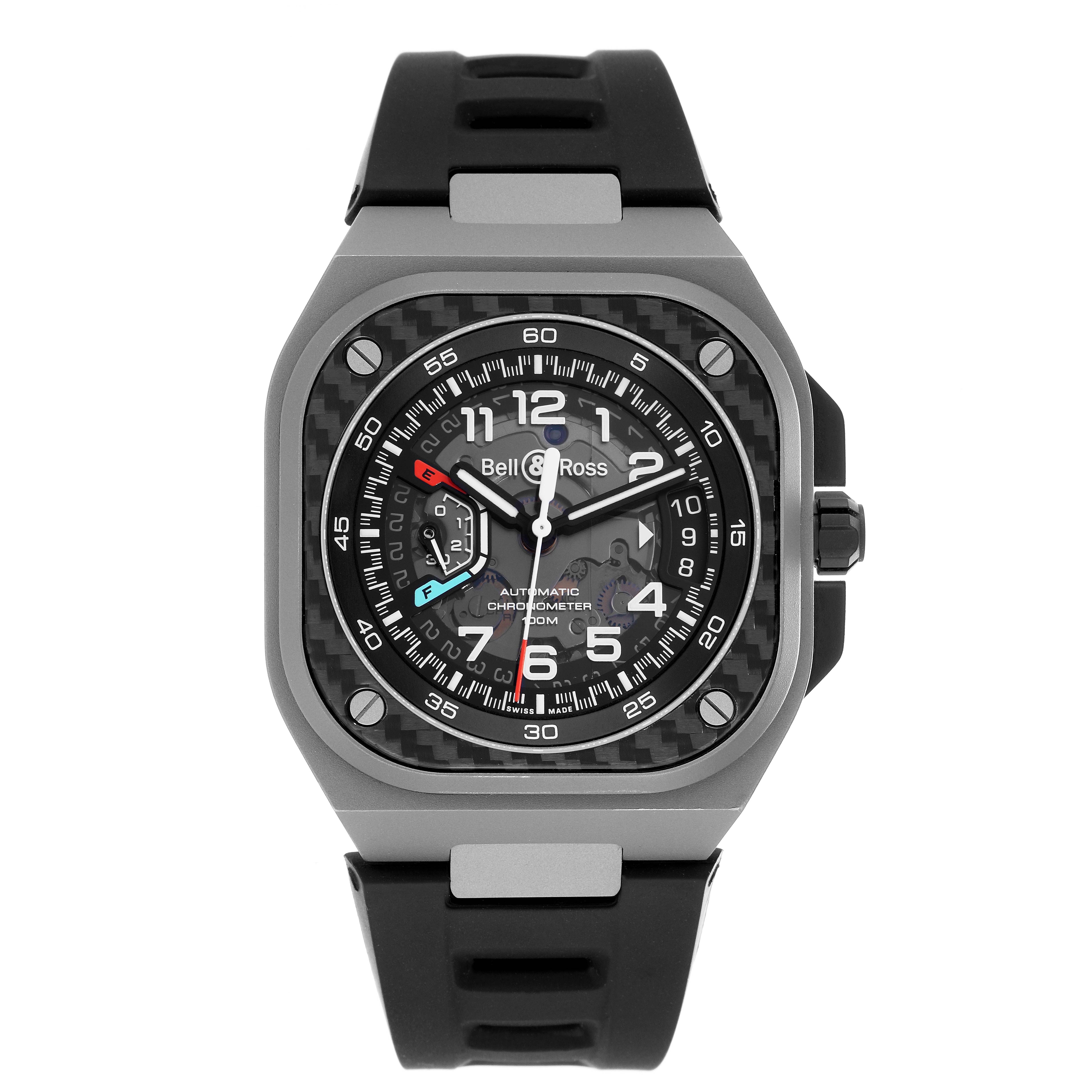 The image shows a front view of the Bell 
Ross Urban BRX5 Men
s Stainless Steel Grey Dial model watch, displaying the face and black strap.
