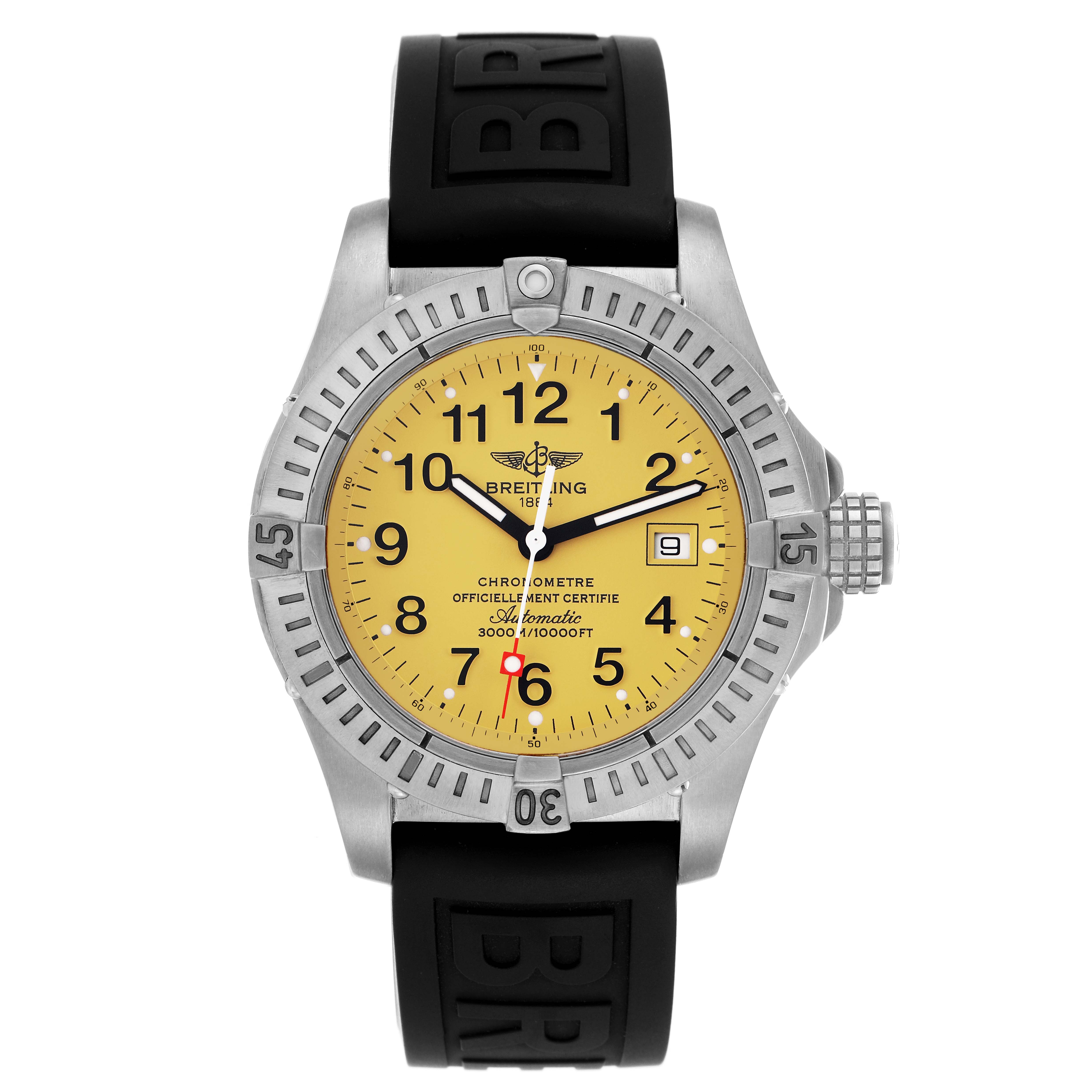 The Breitling Avenger E17370 Men
s Titanium Yellow Dial watch is shown from a front view, displaying the face, bezel, crown, and strap.