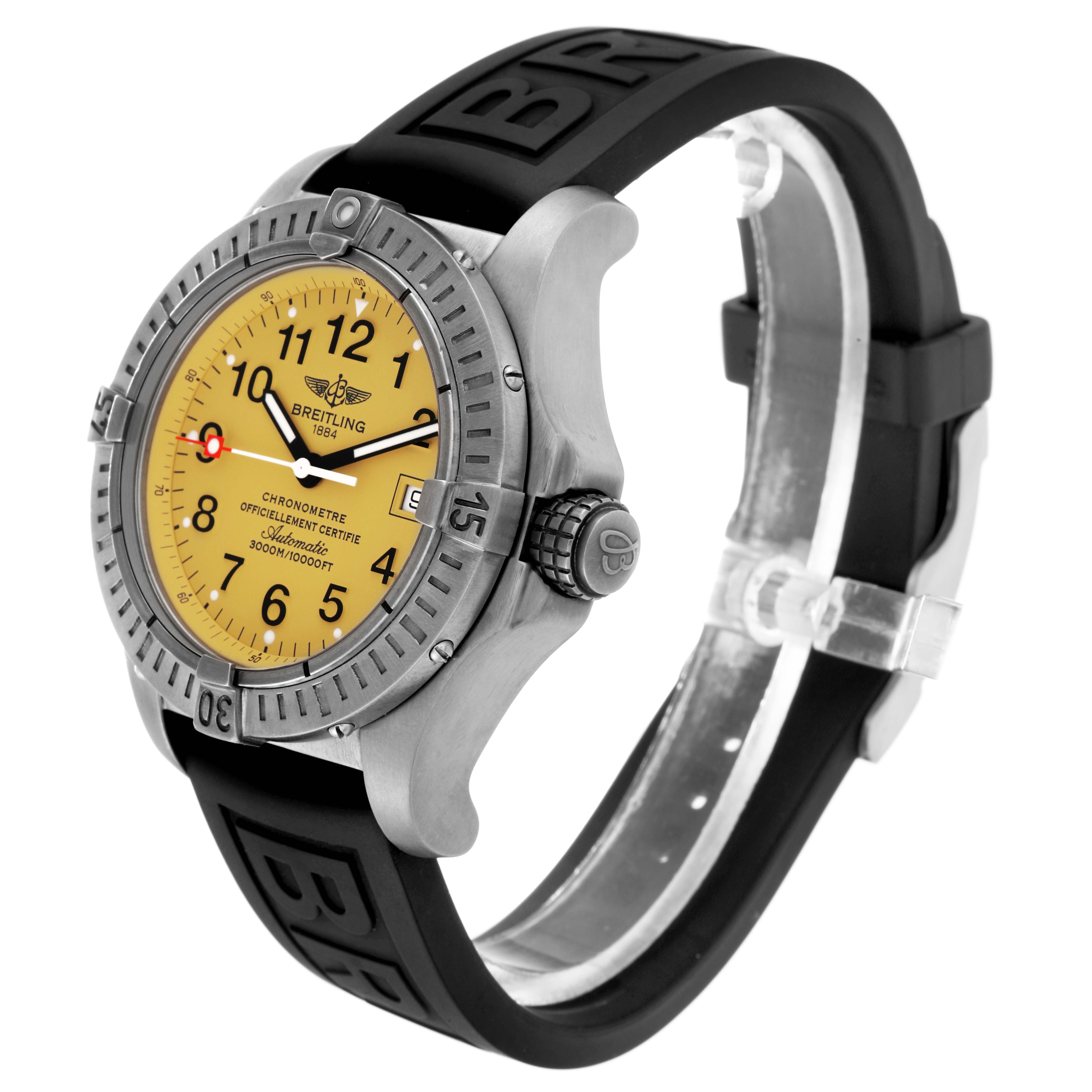 The Breitling Avenger E17370 Men
s Titanium Yellow Dial watch is shown at a slight angle, revealing the yellow dial, bezel, crown, and black rubber strap.