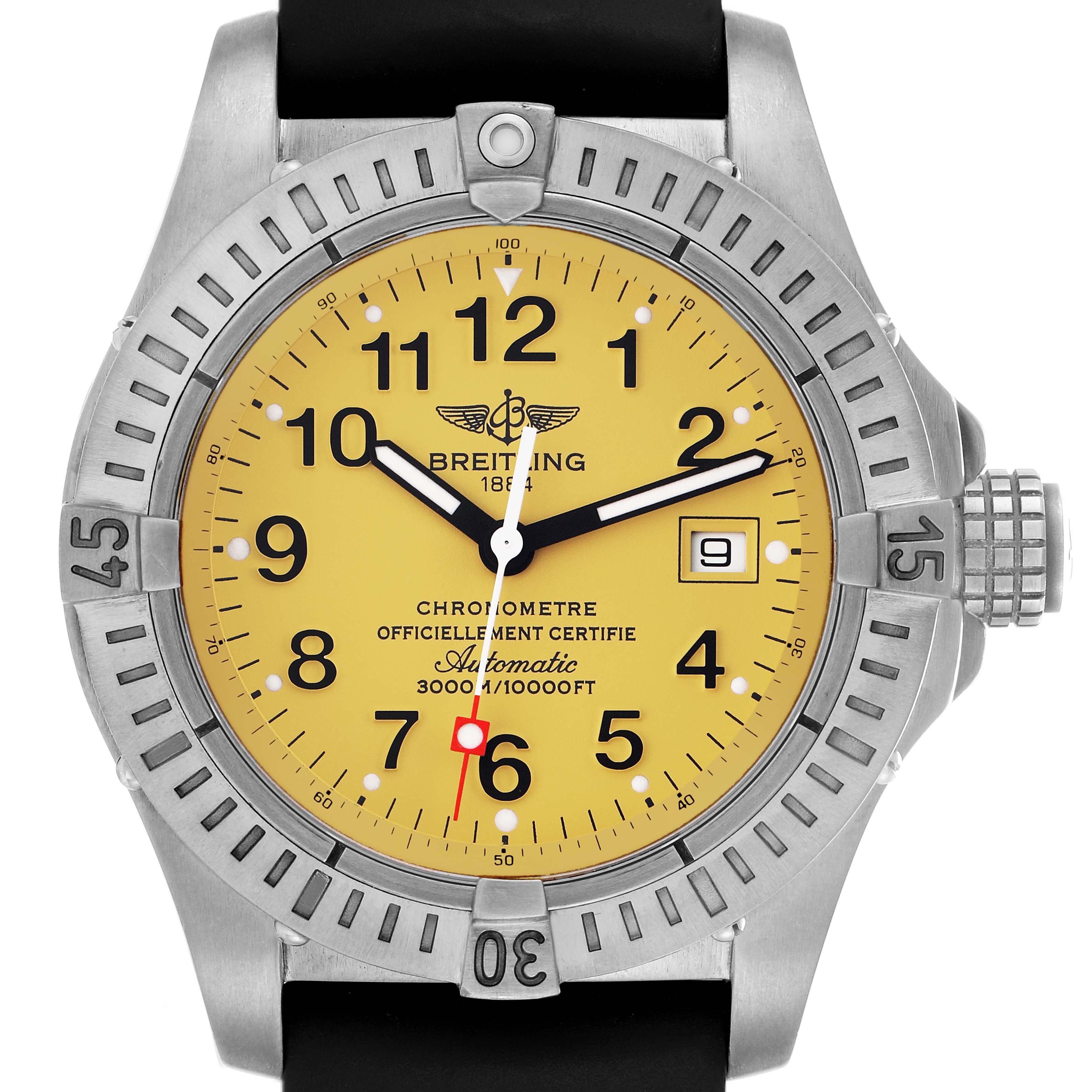 The Breitling Avenger E17370 Men
s Titanium Yellow Dial watch is shown from a top-down angle, displaying the dial, bezel, and case prominently.