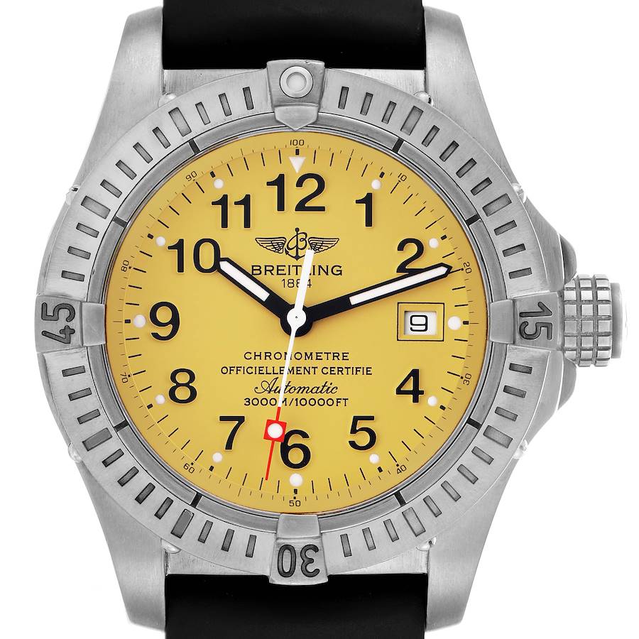 The image shows a front view of the Breitling Avenger Model E17370 men's watch, highlighting its yellow dial, bezel, and black strap.