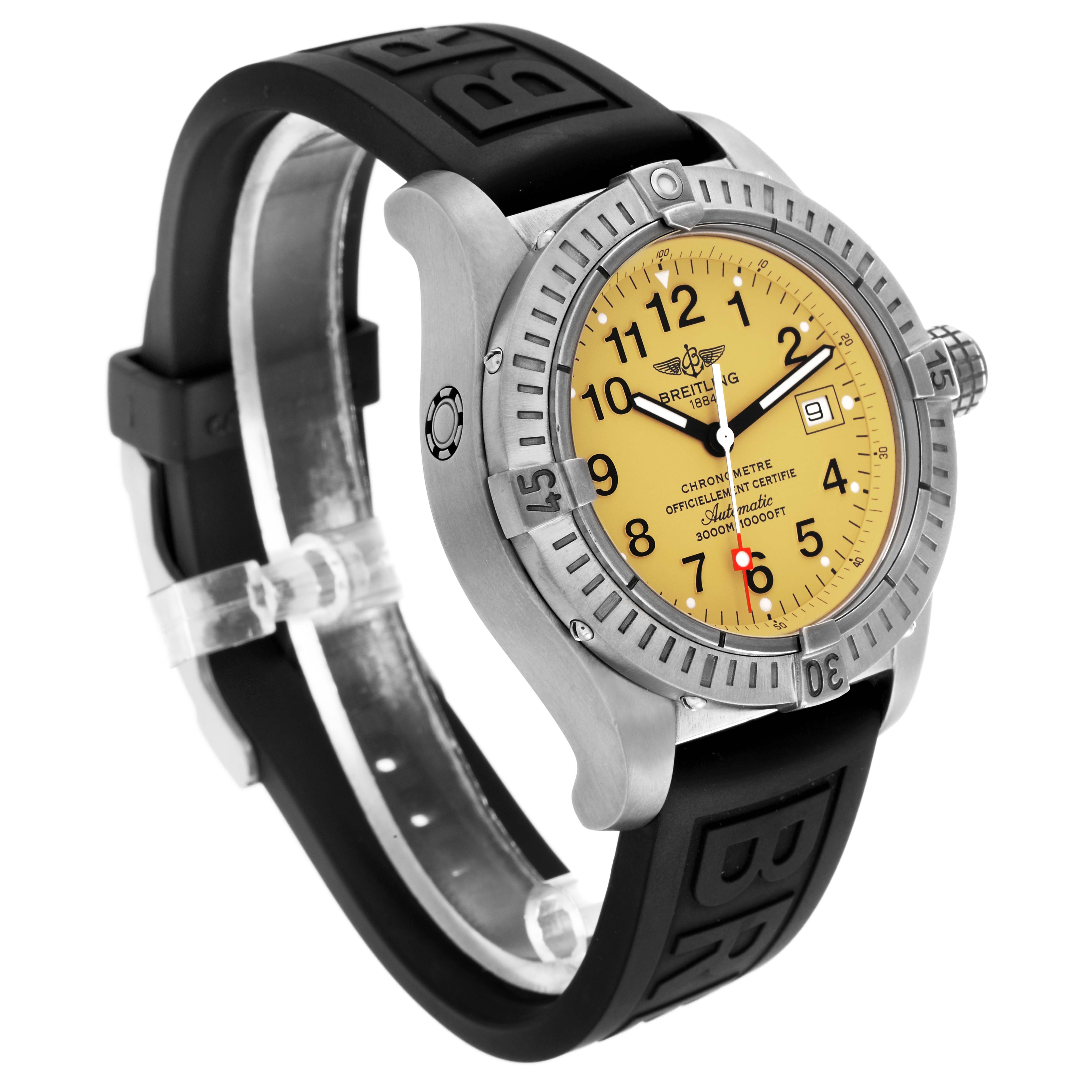 The Breitling Avenger E17370 Men
s Titanium Yellow Dial watch is shown at an angled view, displaying its yellow dial, bezel, crown, and black strap.