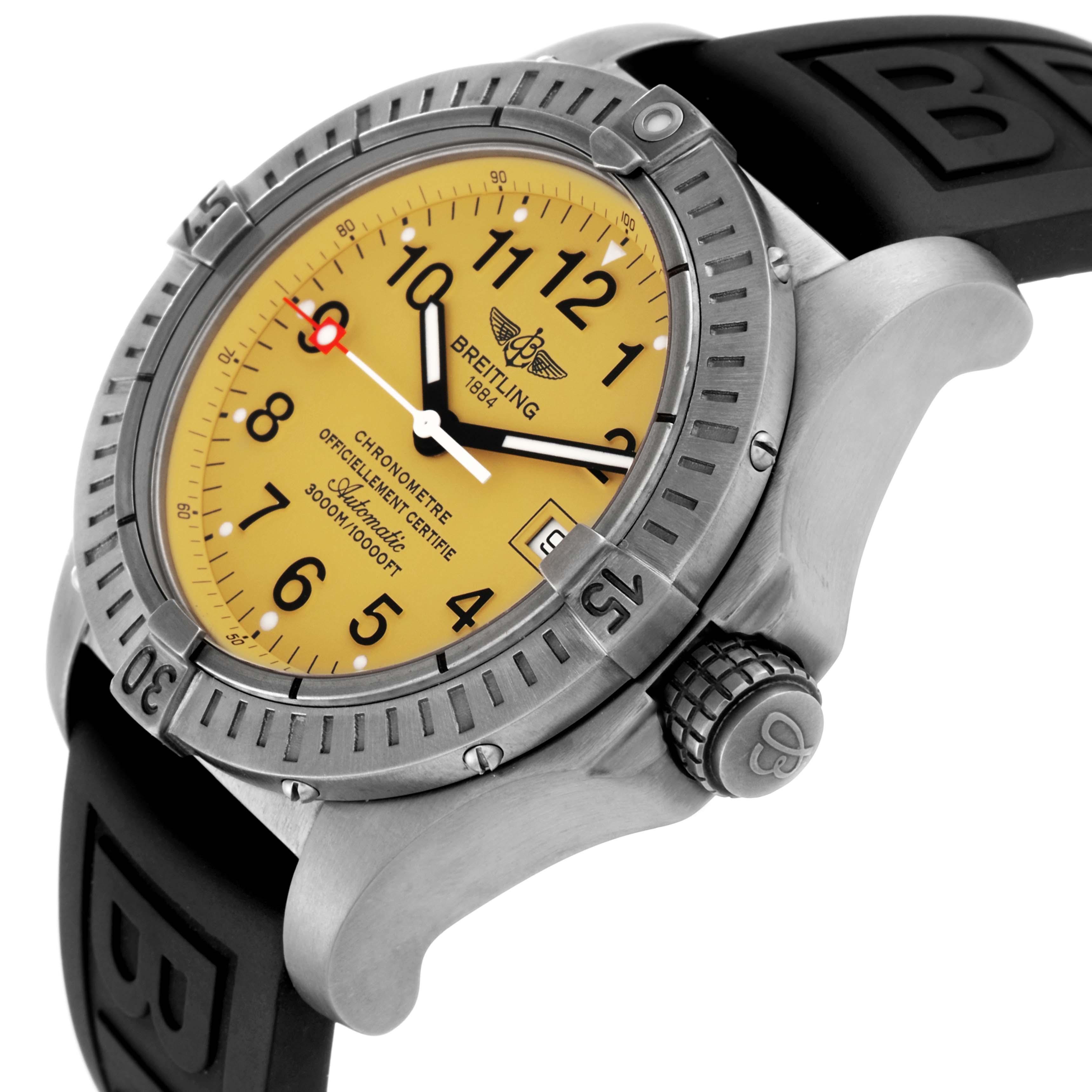 The Breitling Avenger E17370 Men
s Titanium Yellow Dial watch is shown at a slight angle, displaying the yellow dial, bezel, crown, and part of the black strap.
