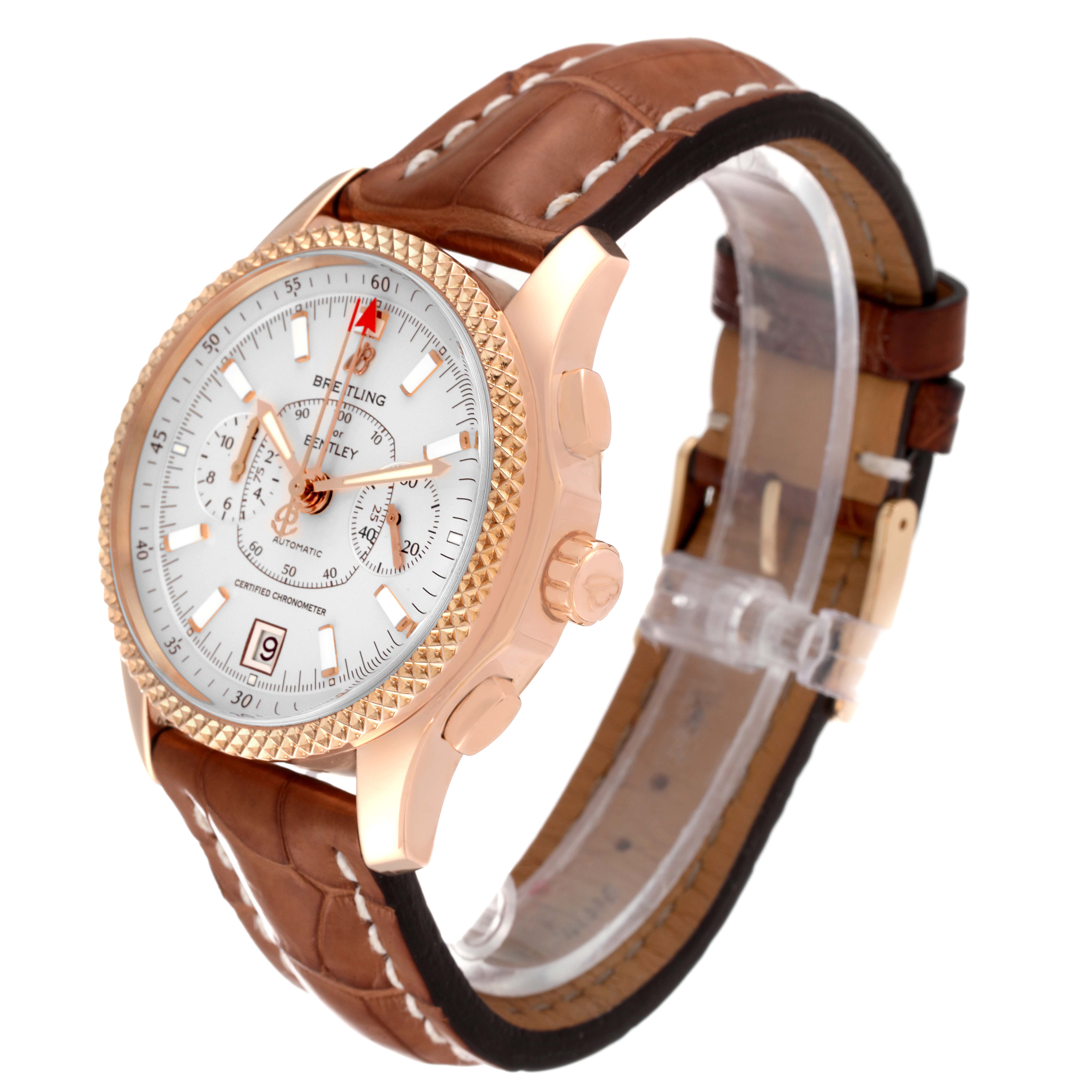 The Breitling Bentley R26362 Men's Rose Gold Mother of Pearl Dial R26362 Men's Rose Gold Mother of Pearl Dial watch is shown at a three-quarter angle, highlighting the dial, case, crown, pushers, and leather strap.