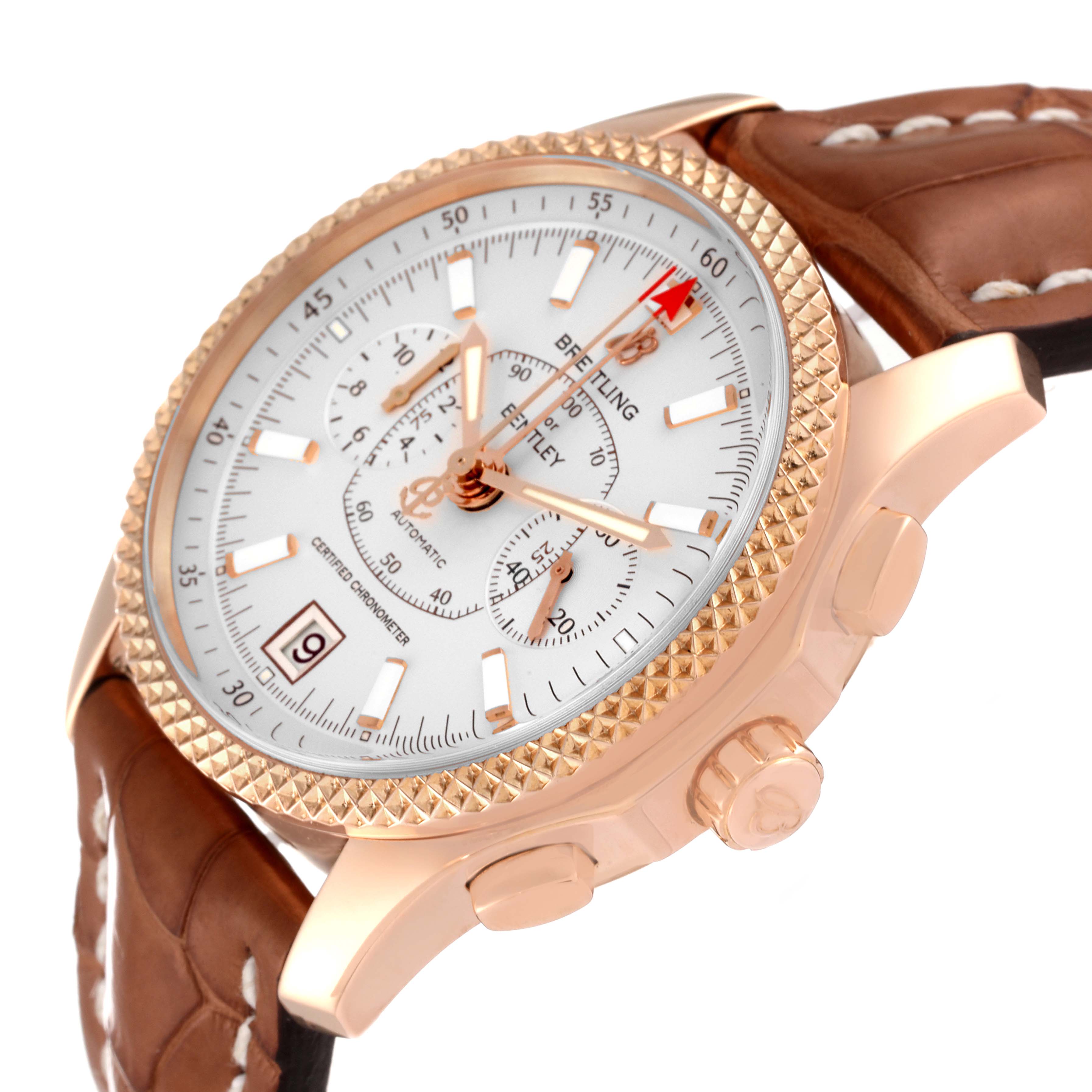 The image shows a Bentley model by Breitling from a three-quarter angle, focusing on the face, bezel, and leather strap.