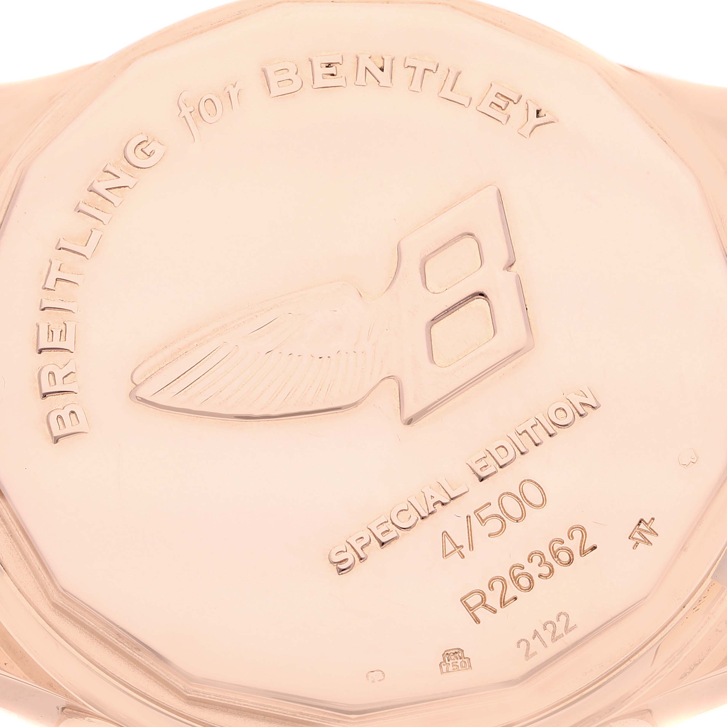 The image shows the engraved case back of a Breitling Bentley R26362 Men's Rose Gold Mother of Pearl Dial R26362 Men's Rose Gold Mother of Pearl Dial Special Edition watch.