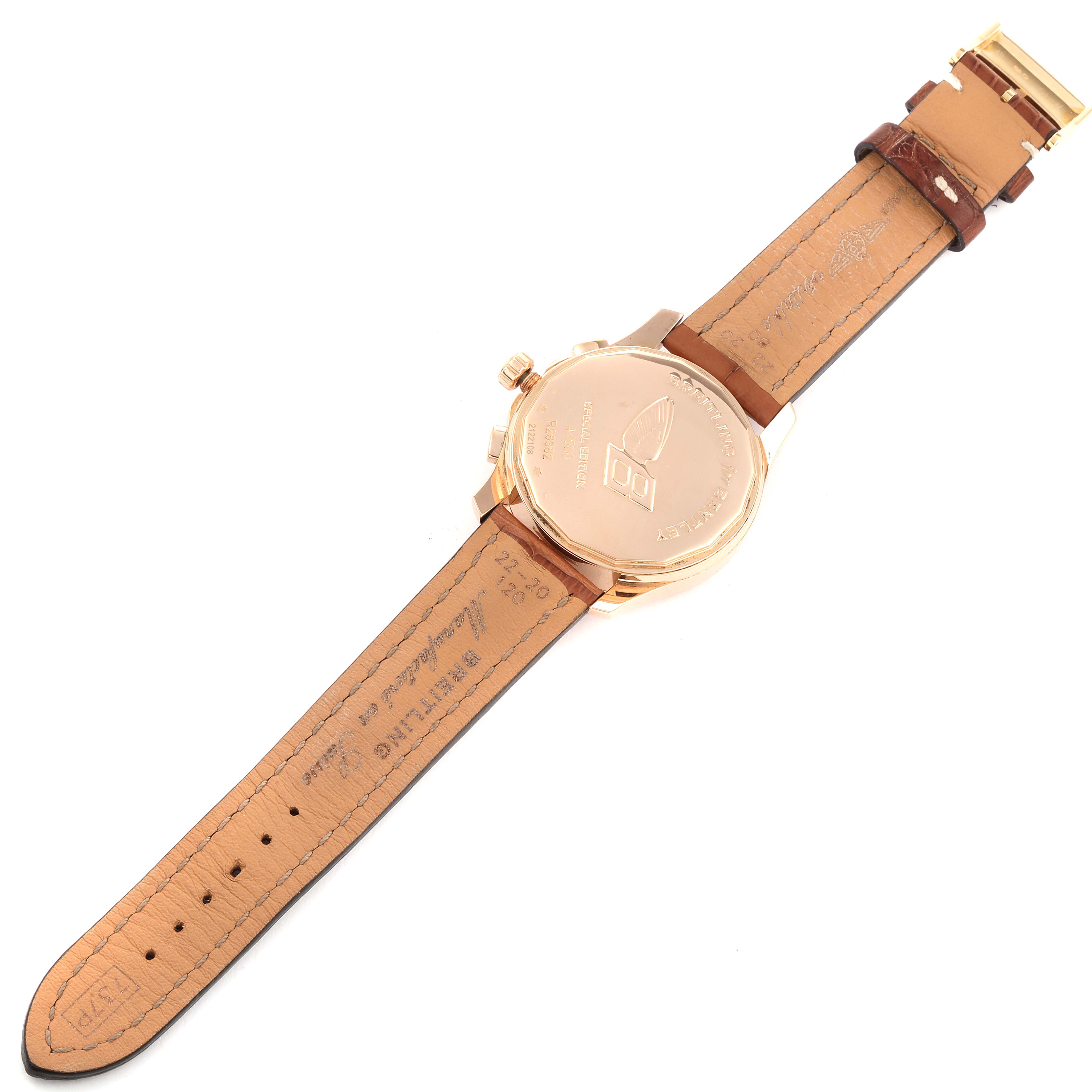 The image shows the back of the Breitling Bentley R26362 Men's Rose Gold Mother of Pearl Dial R26362 Men's Rose Gold Mother of Pearl Dial watch, highlighting the leather strap and case back, including the clasp.