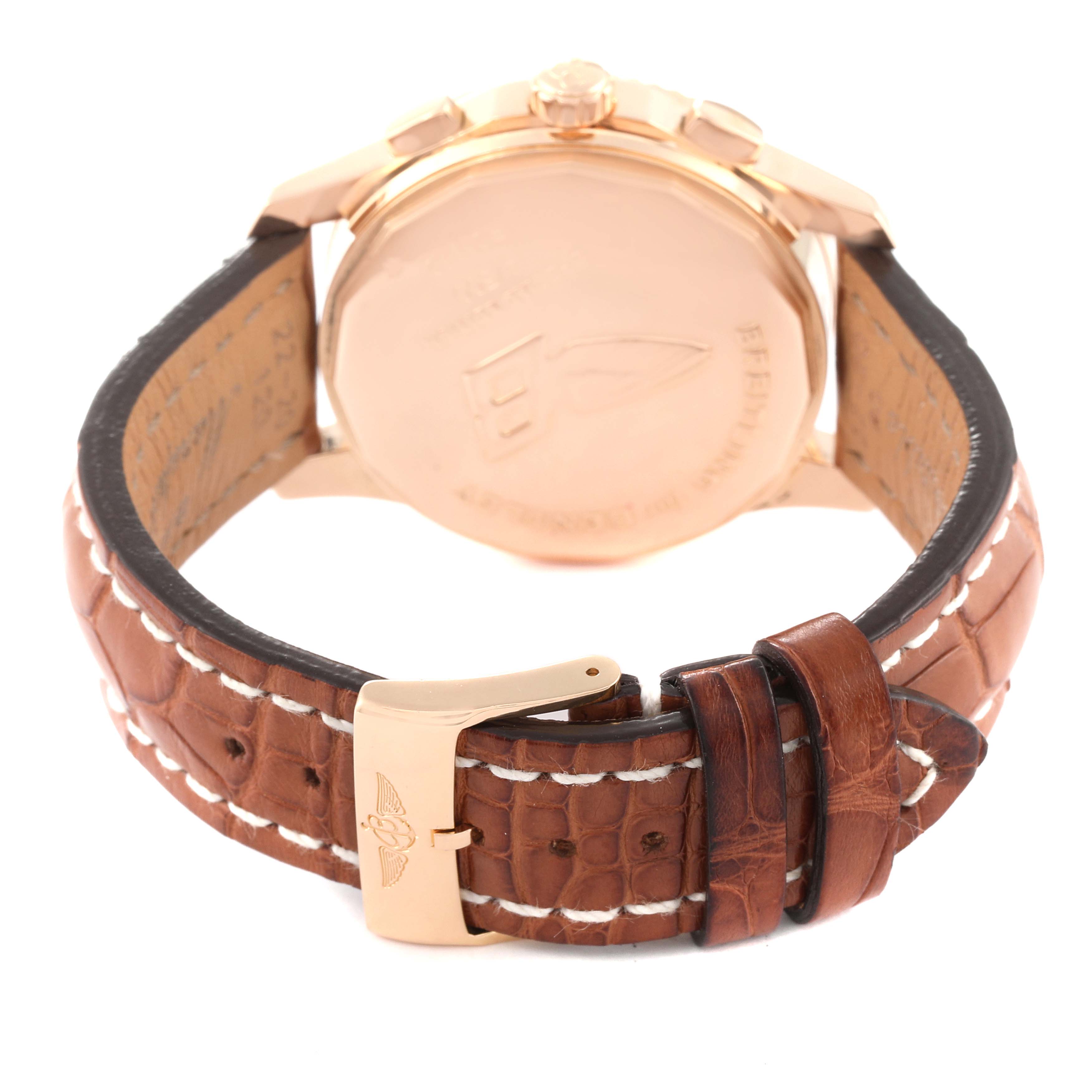 The image shows the Breitling Bentley R26362 Men's Rose Gold Mother of Pearl Dial R26362 Men's Rose Gold Mother of Pearl Dial watch from the rear, highlighting its case back and brown leather strap with buckle.