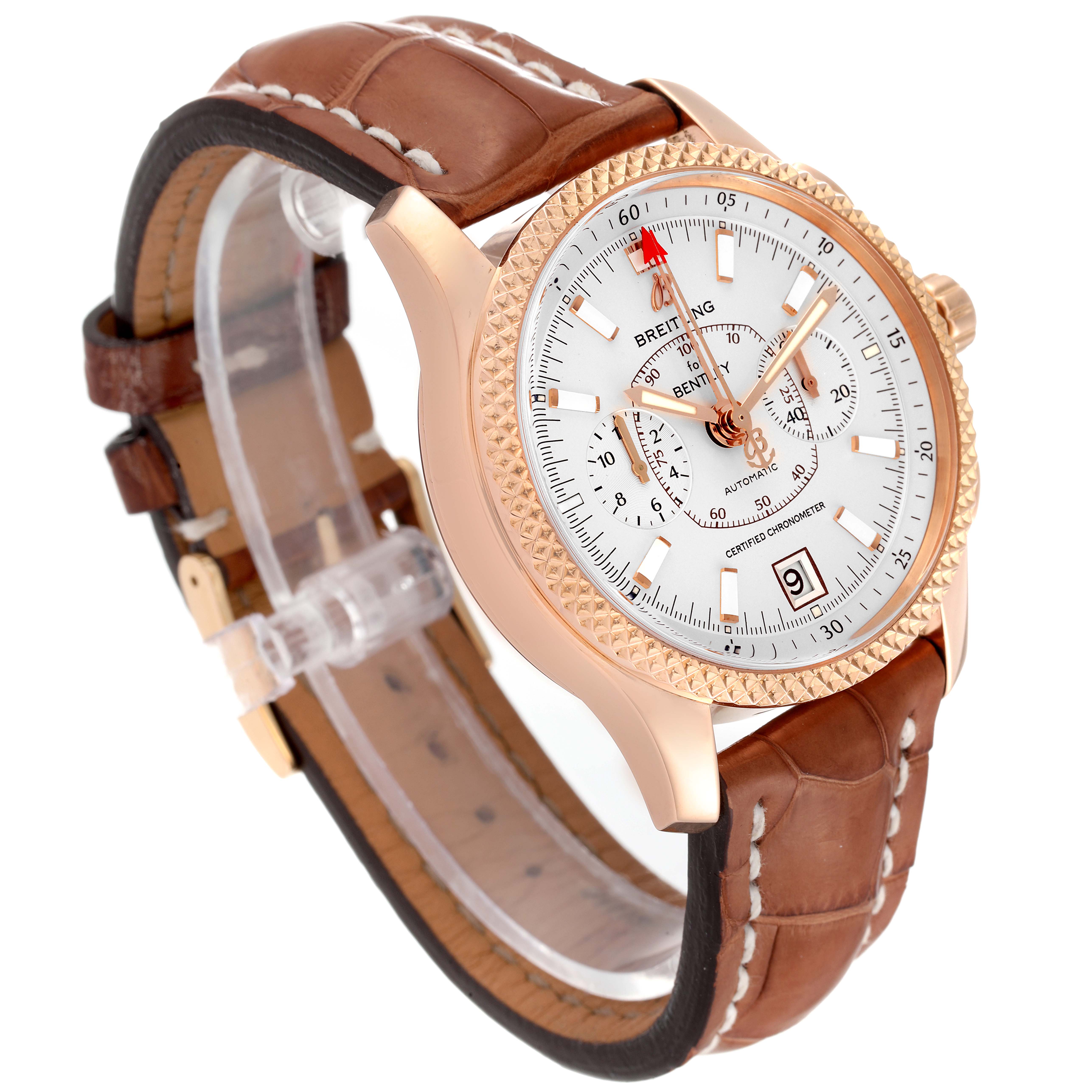 This image shows a side angle of the Breitling Bentley R26362 Men's Rose Gold Mother of Pearl Dial R26362 Men's Rose Gold Mother of Pearl Dial watch, highlighting the dial, bezel, crown, and brown leather strap.