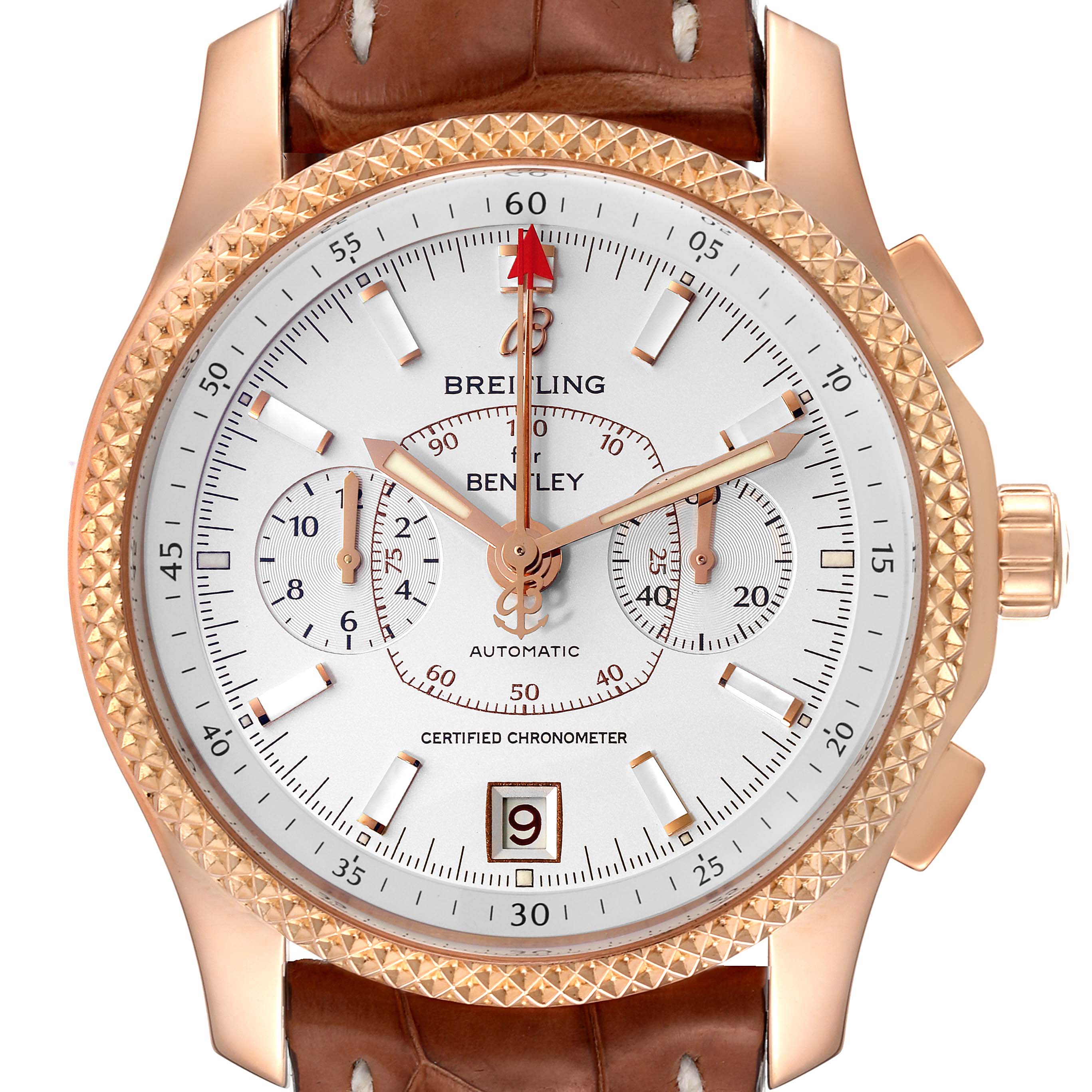 This is a front view of the Breitling Bentley R26362 Men's Rose Gold Mother of Pearl Dial R26362 Men's Rose Gold Mother of Pearl Dial model watch, showcasing its dial, date window, subdials, and leather strap.