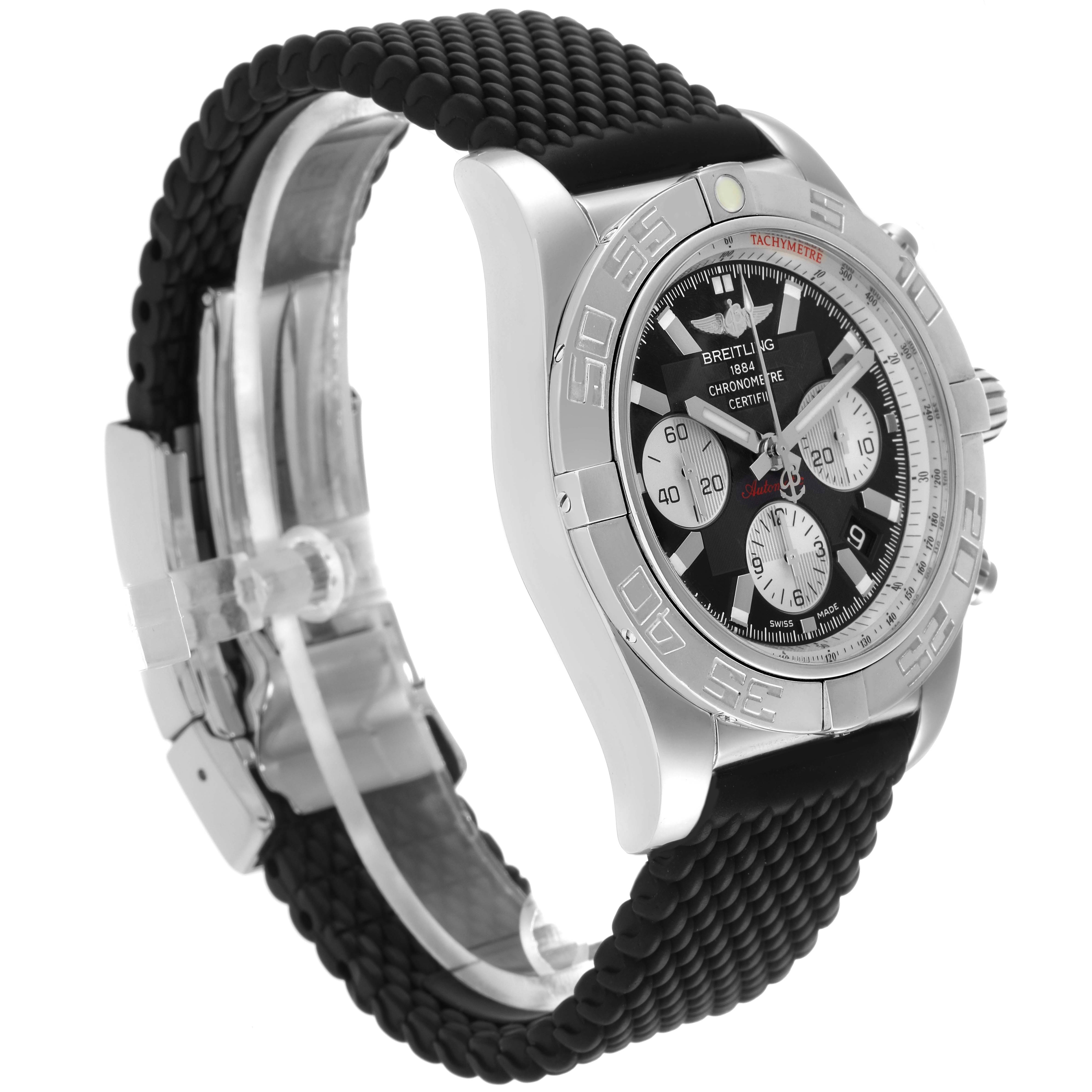 The Breitling Chronomat AB0110 Men
s Stainless Steel Black Dial is shown at an angled side view, highlighting the bezel, face, and textured strap.