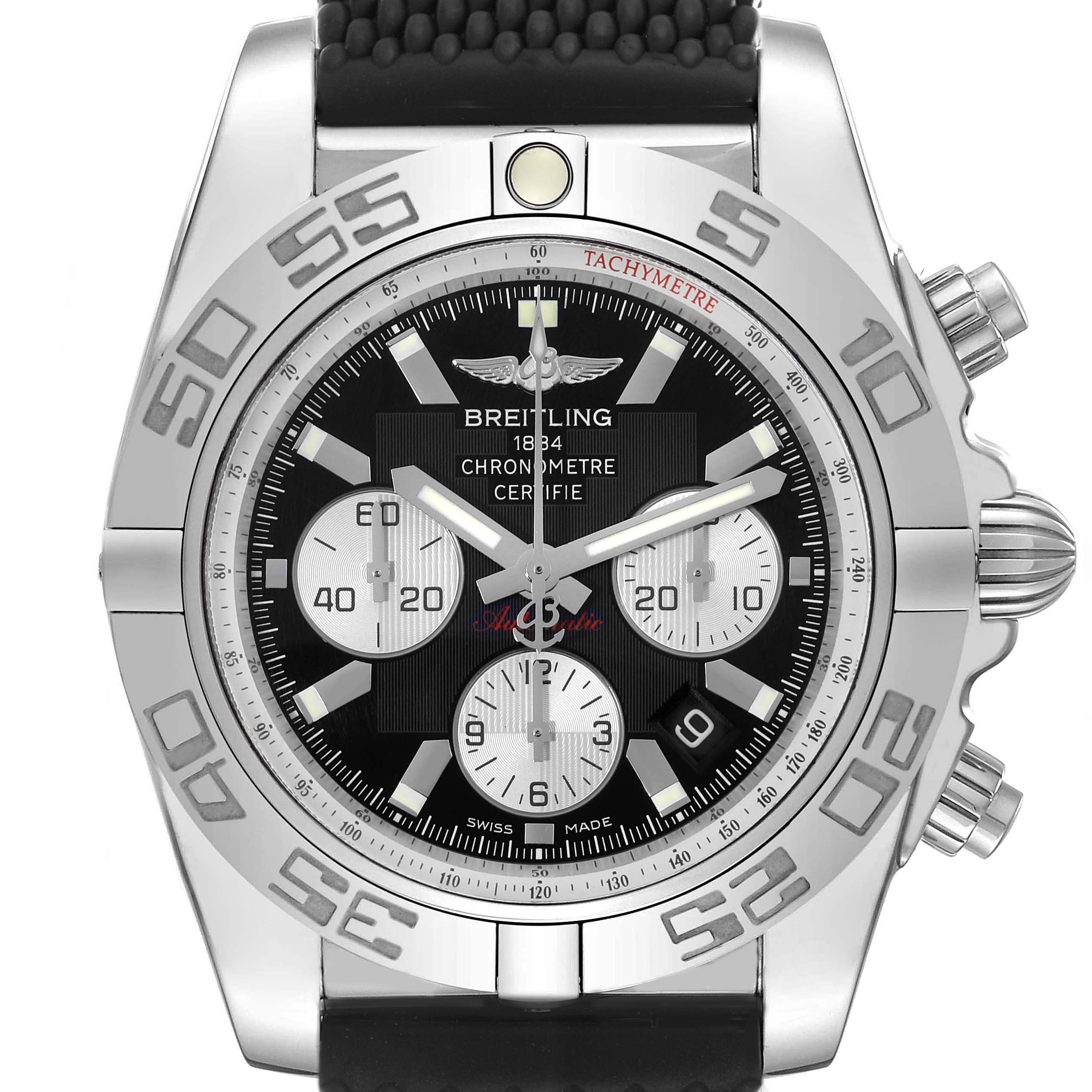 The Breitling Chronomat AB0110 Men
s Stainless Steel Black Dial watch is shown from the front, highlighting the bezel, chronograph subdials, and tachymetre scale.