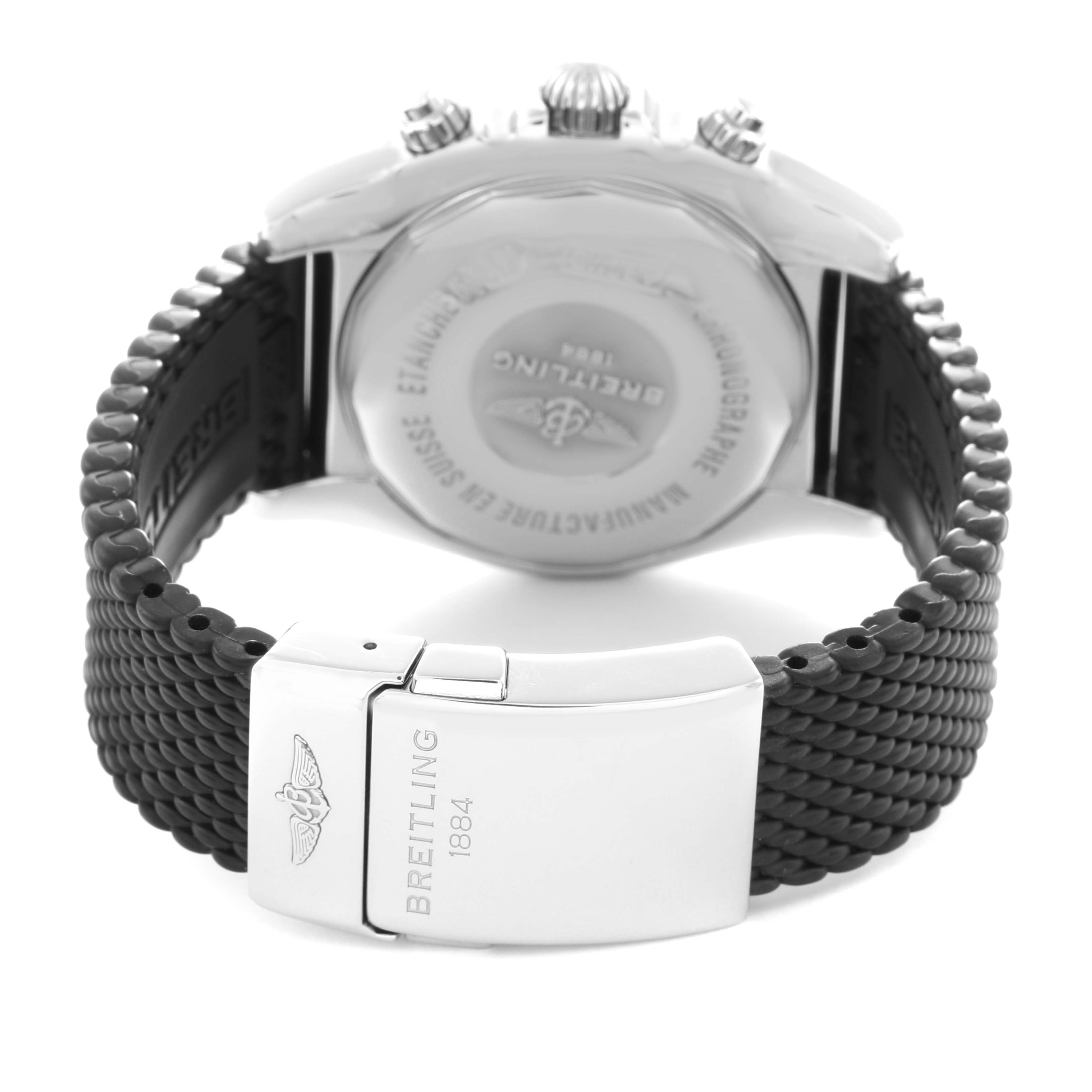 The image shows the Breitling Chronomat AB0110 Men
s Stainless Steel Black Dial watch from the back, highlighting its clasp, case back, and bracelet.
